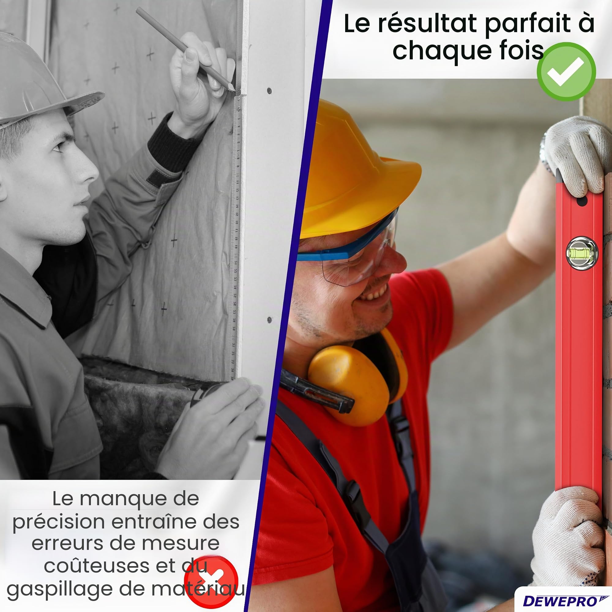 DEWEPRO Lot de 3 niveaux à bulle - Laqué rouge - Longueurs : 40 cm, 60 cm et 100 cm - Tolérance de mesure : 0,5 mm/m - Niveau à bulle en aluminium