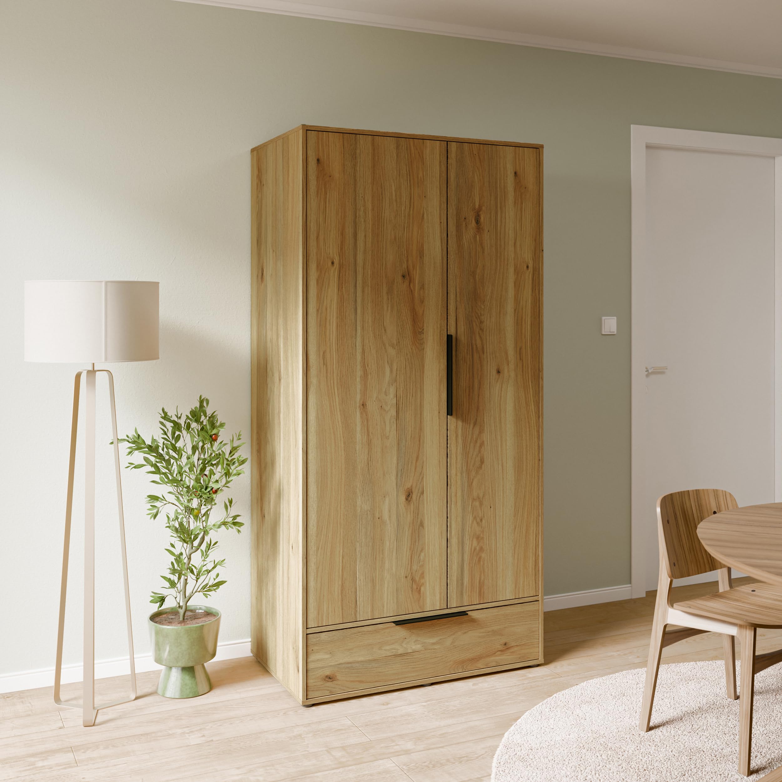 Forte Orkney Kleiderschrank 100, moderner Kleiderschrank mit 2 Türen und Schublade, Holzwerkstoff, Artisan Eiche Holzdekor, 98,2 cm breit x 200,1 cm hoch x 59 cm tief