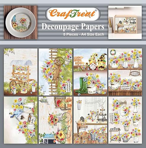 CrafTreat Papel Decoupage 8 piezas de tamaño A4 83 x 117 pulgadas suministros de manualidades diseñados para adultos calcomanías de jardín para