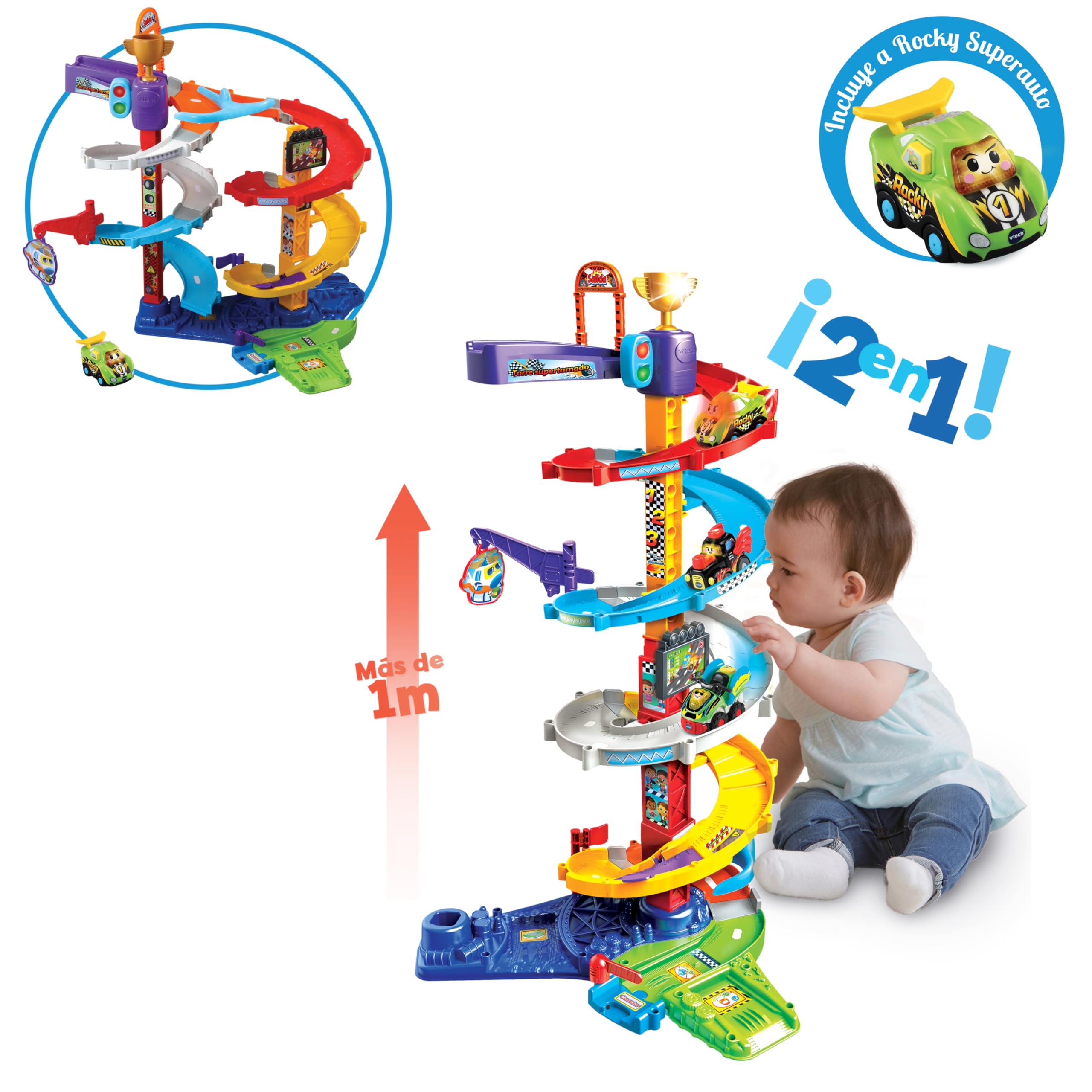 VTech 3480-535022 Supertornado Tower TutTut Bólidos, obwód garażowy, tory łączące, różne wycieczki, spirala - zawiera Rocky Superbolid Vehicle