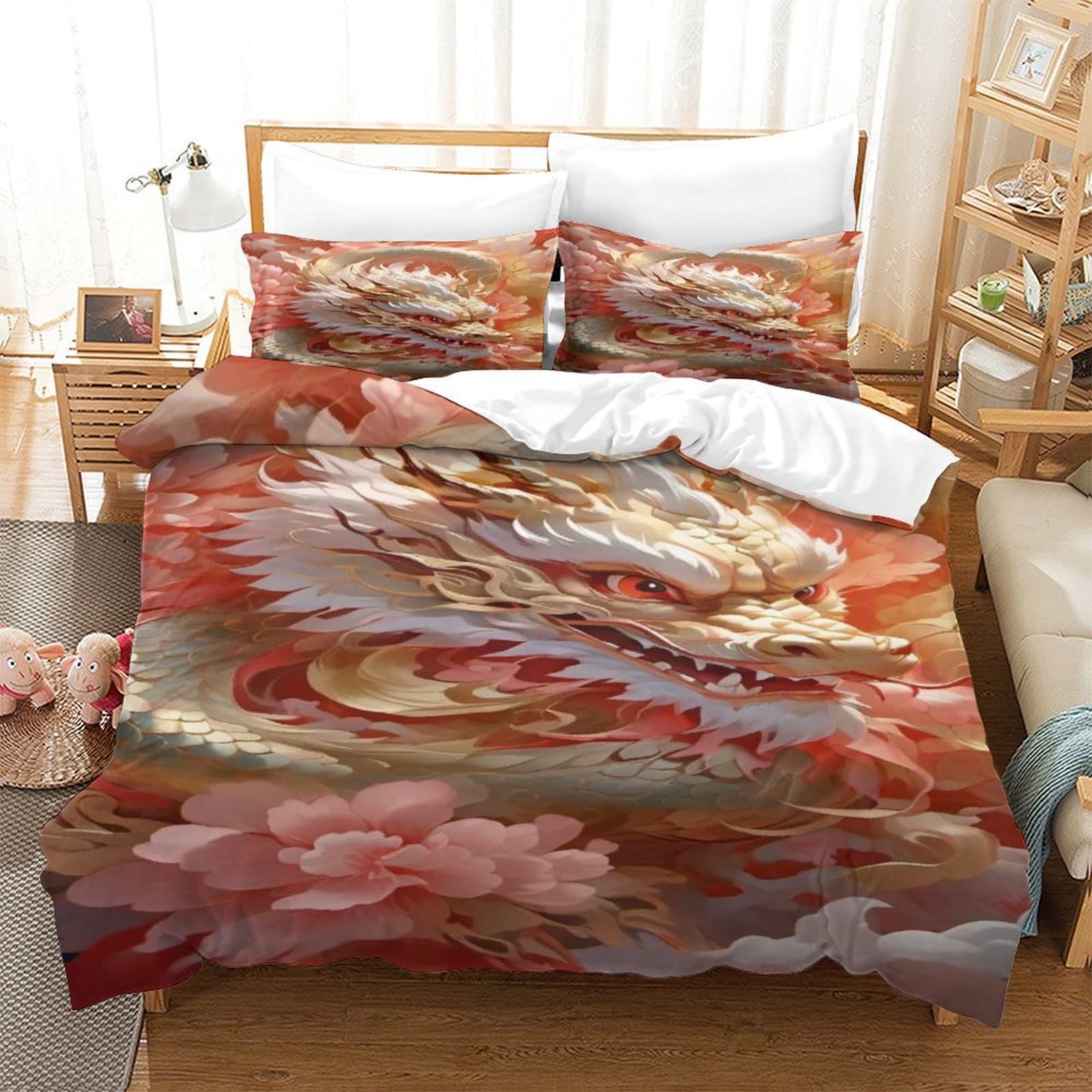 Housse de couette respirante dragon parure de lit zippée super king size