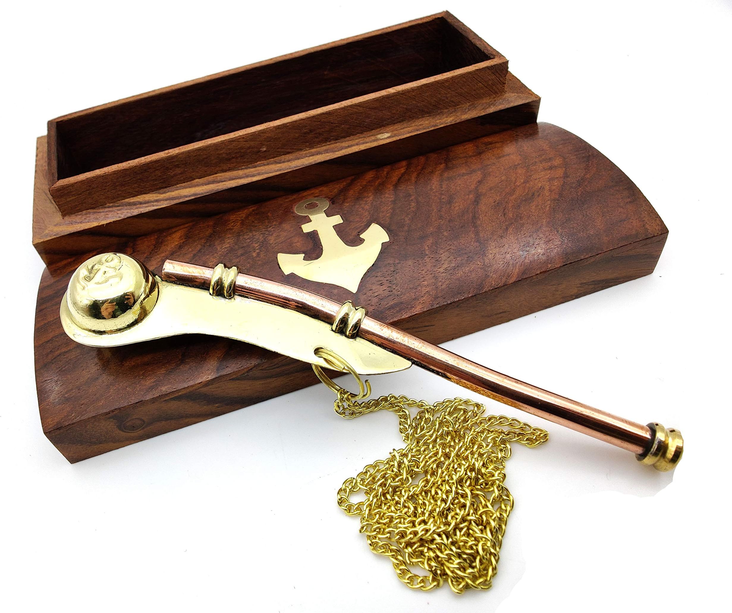 5MOONSUN5's Nautical Solid Brass & Copper Boatswain (Bosun) 5" Whistle Chain with Rosewood Box (Brass & Copper)