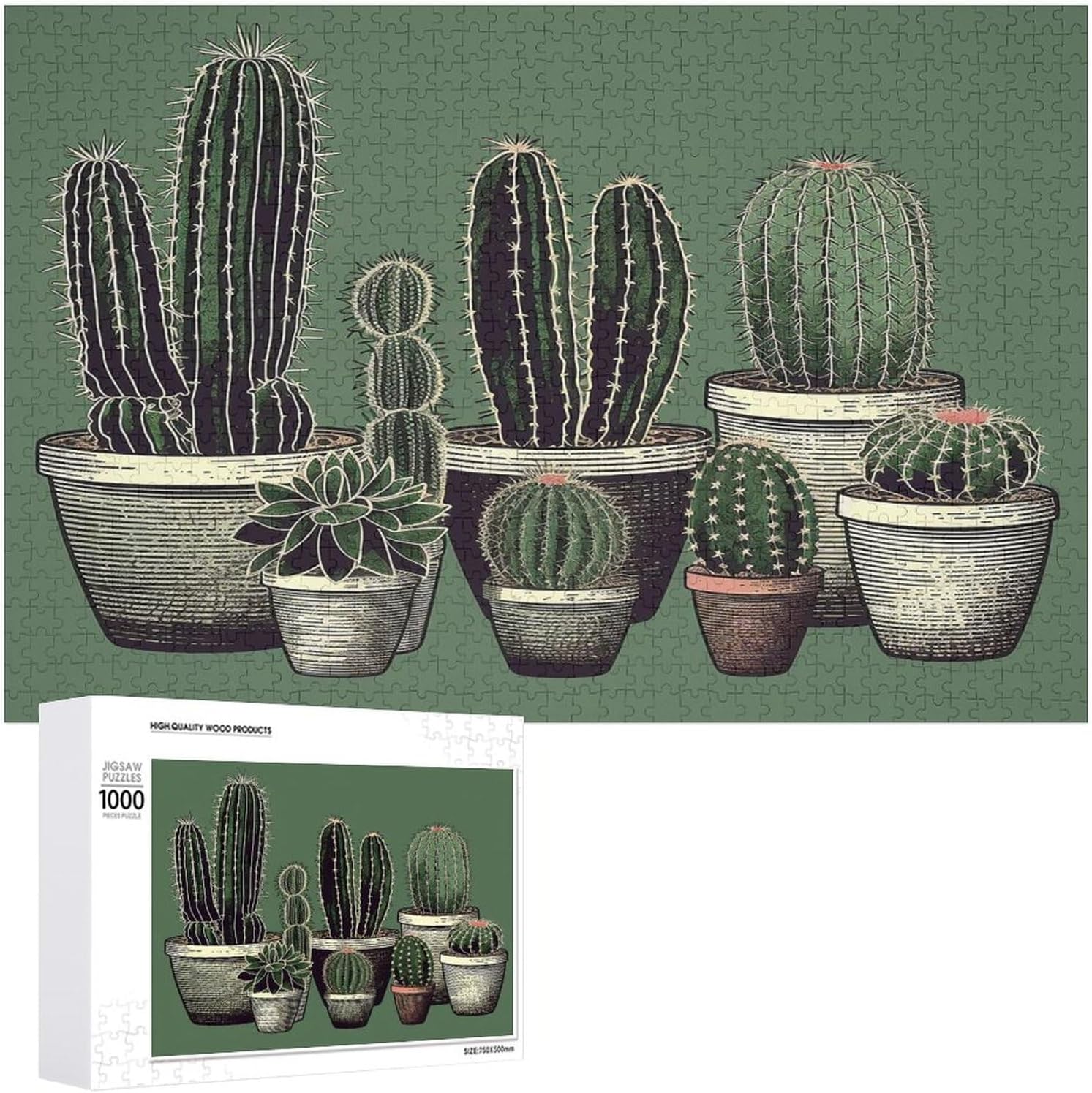 Wooden Puzzle for Adults, Suitable for Home Use, Green Cactus Printed, Perfect Match