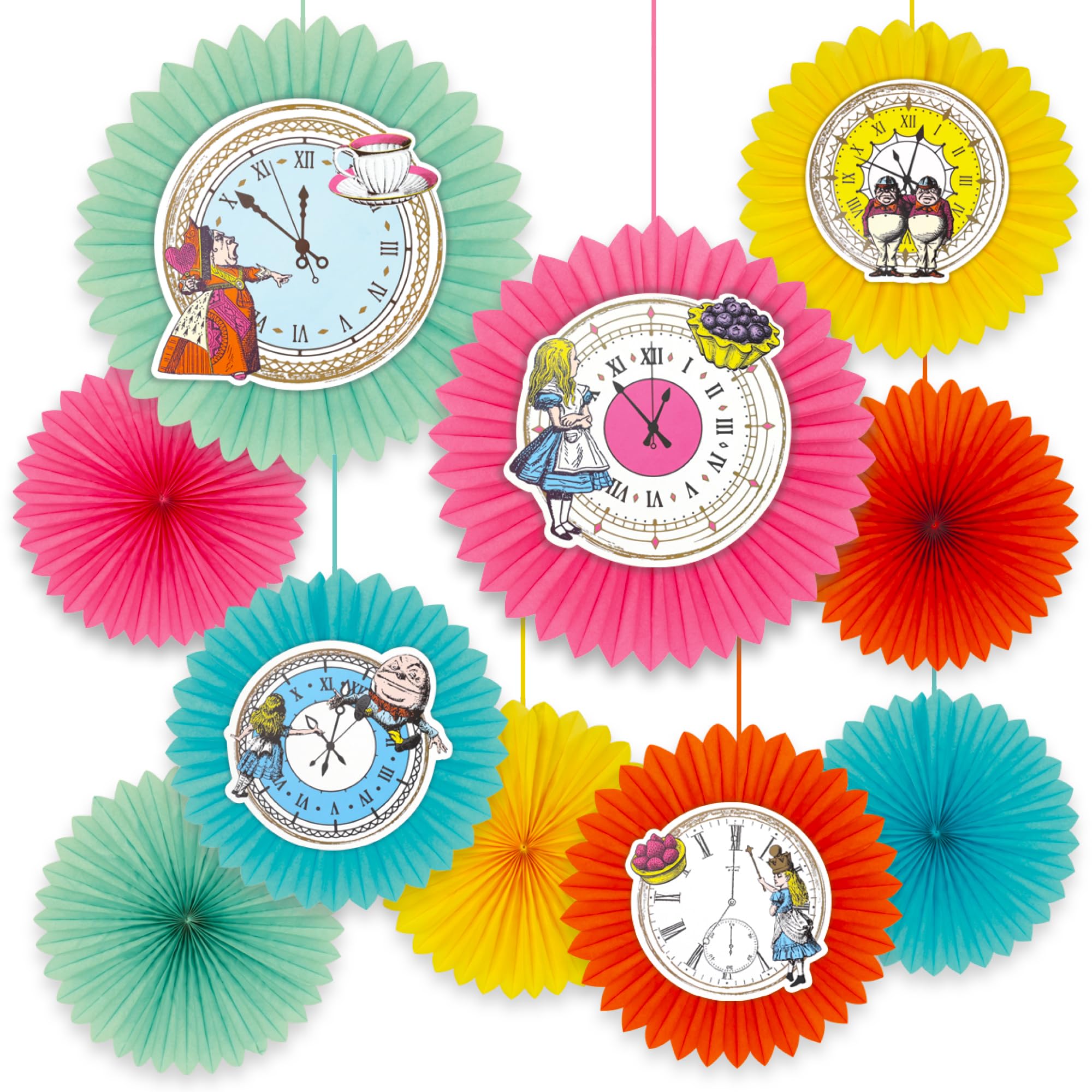 Talking Tables 10 x Alice in Wonderland Hanging Fans Mothers Day Decorations – Afternoon Tea Parties, Birthday & Easter Decor, Bright Paper Party Decor, Reusable & Recyclable – 35cm 30cm 25cm