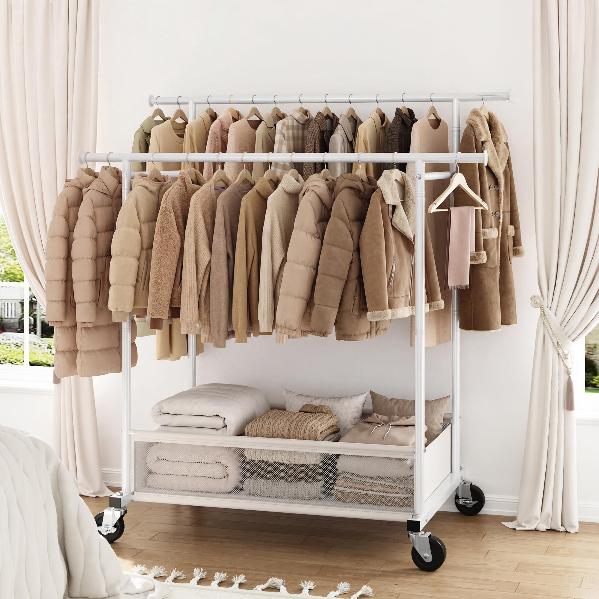 110cm Doppio Stand Appendiabiti con Ruote, Portata massima 110KG Metallo Stand Appendiabiti con 48L Traspirante Cesto Portabiancheria, per Giacche, Maglioni, Scarpe, Camera da letto, Bianco
