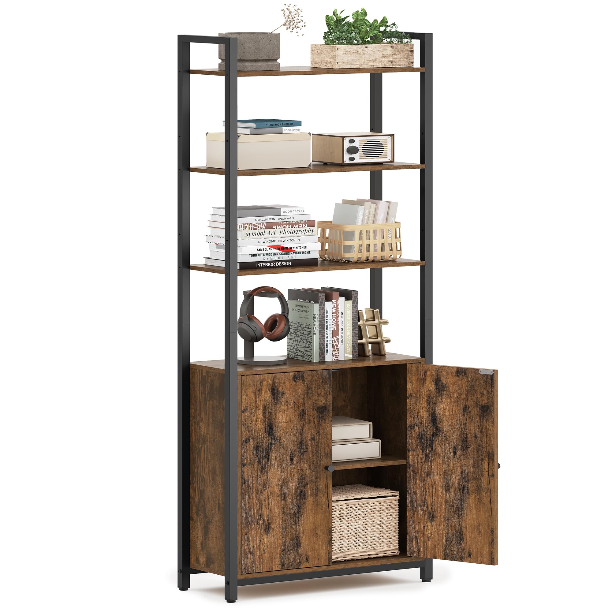 Songmics Shelving Unit6-Tier Tall BookcaseBookshelf With DoorMetal FrameAdjustable ShelvesRustic Brown And Ink Black from B&Q