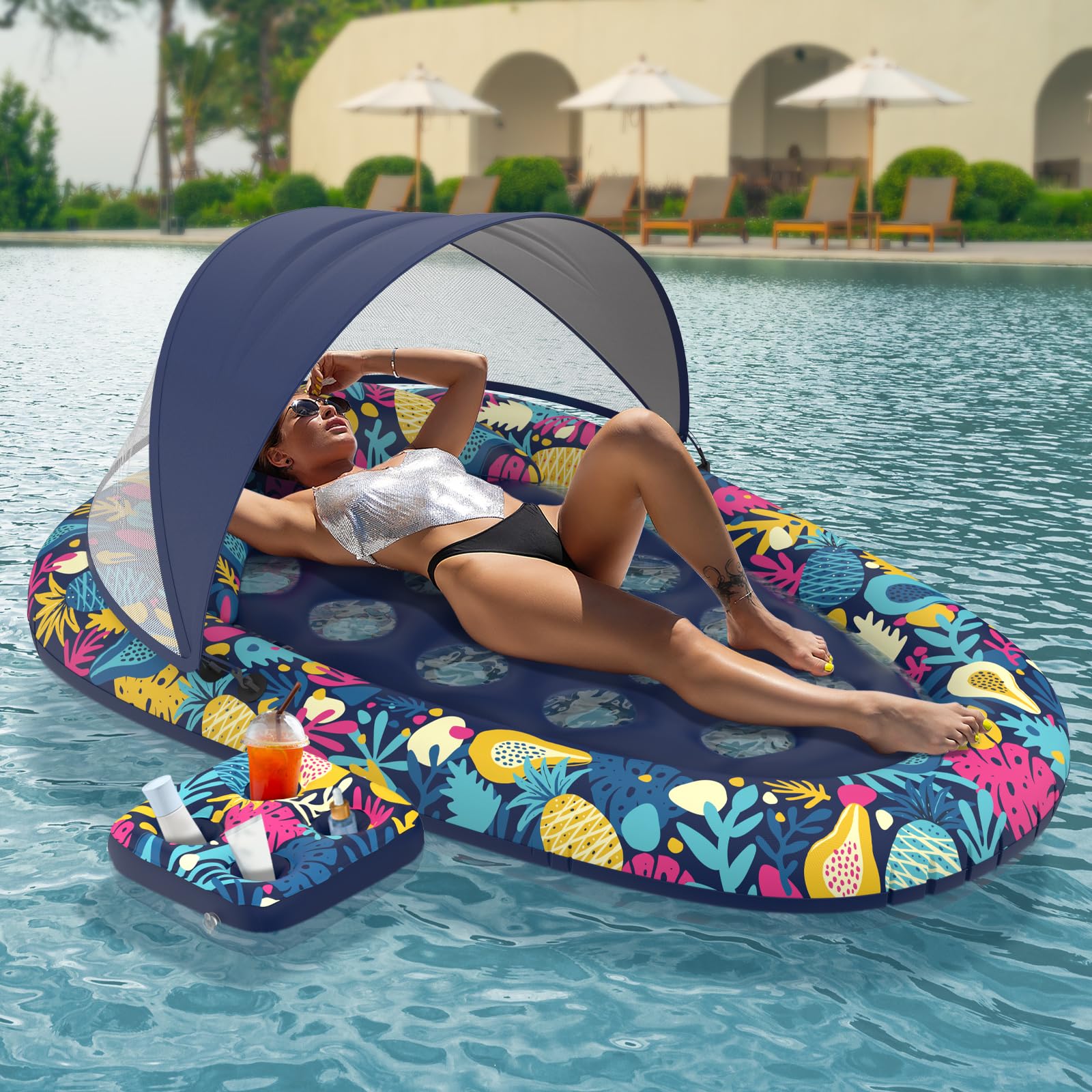 3-in-1 Pool Floats with Canopy Cup Holder, Large 73" x 48" Pool Floats Adults Heavy Duty, Inflatable Lounger Raft Floating Chair with Backrest, Swimming Pool Lake Beach Pool Party