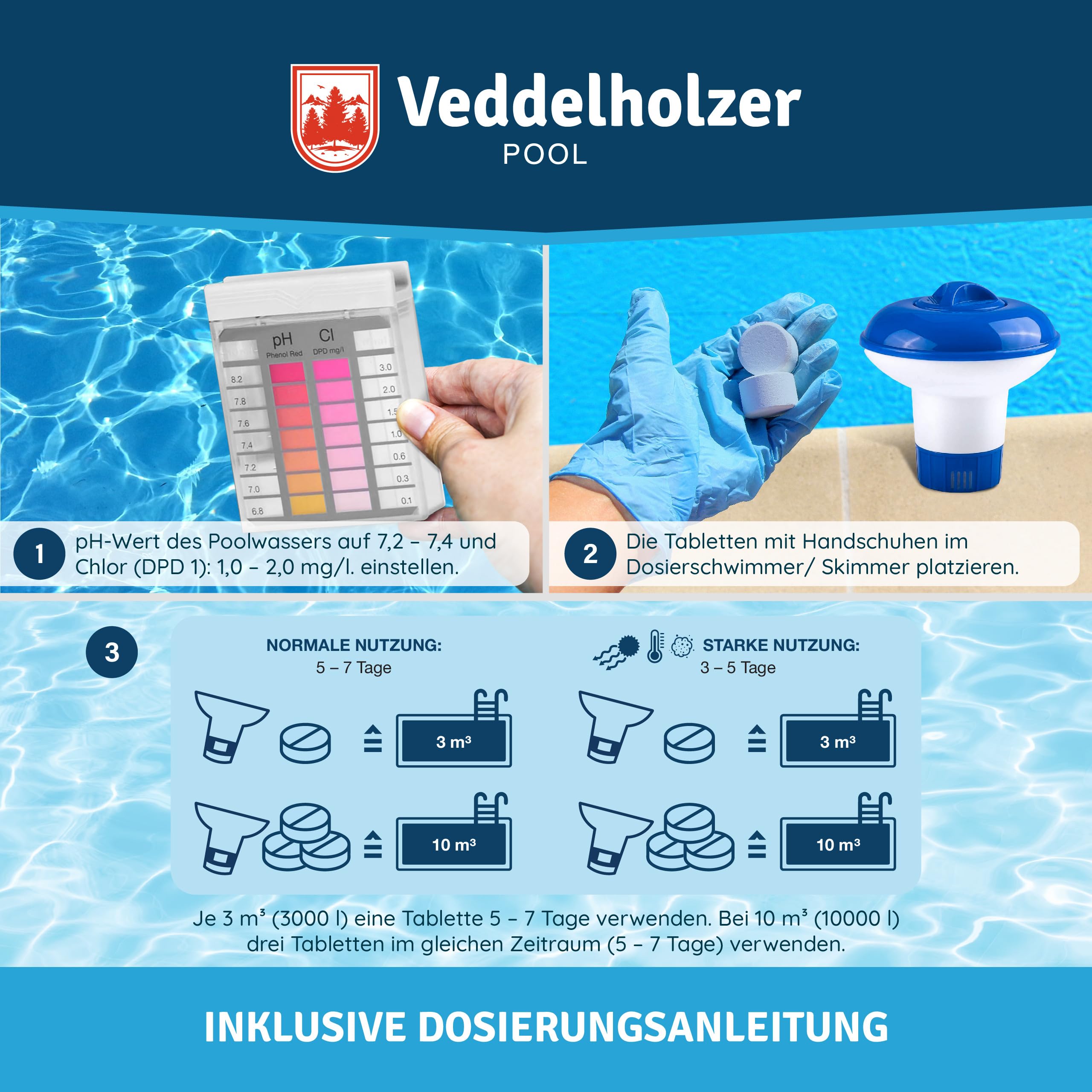 Veddelholzer 5 kg Multitabs 5 in 1 Chlortabletten für Pool als 20g Tabletten für Pools von 10 m³ bis 30 m³Pool Zubehör für Pools langsam lösliche, langzeit Chlor Tabletten