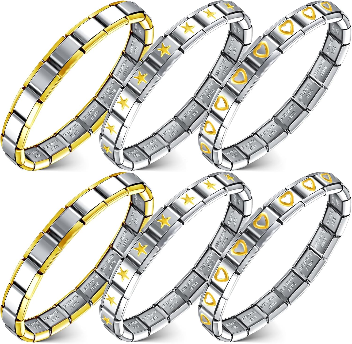 Huquary 6 Pcs Italian Charm Bracelets Shiny 9mm Starter 18 Links Stainless Steel Italian Bracelet Modular Links
