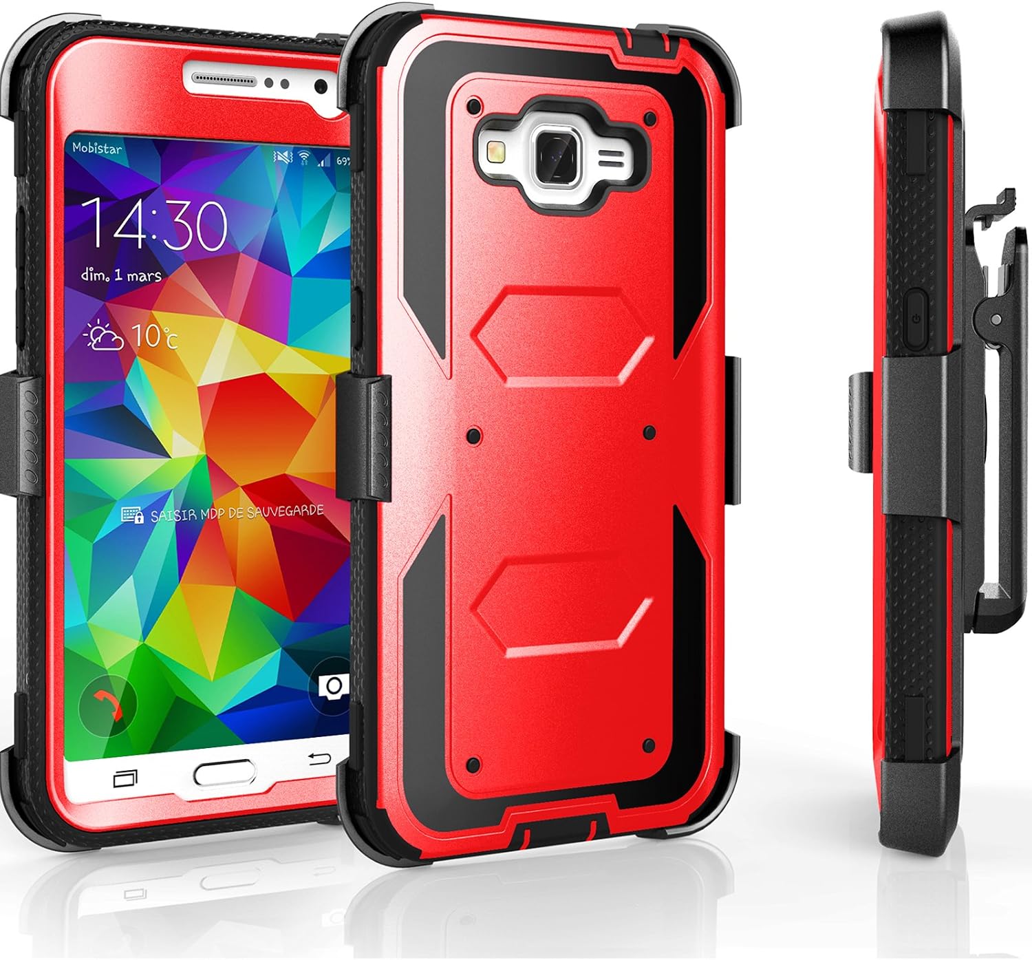 Core Prime Case, Tekcoo® [TShell Series] [Red] Shock Absorbing [Built-in Screen] Holster Locking Belt Clip Defender Heavy Duty Case Cover Shell for Samsung Galaxy Core Prime/Prevail LTE
