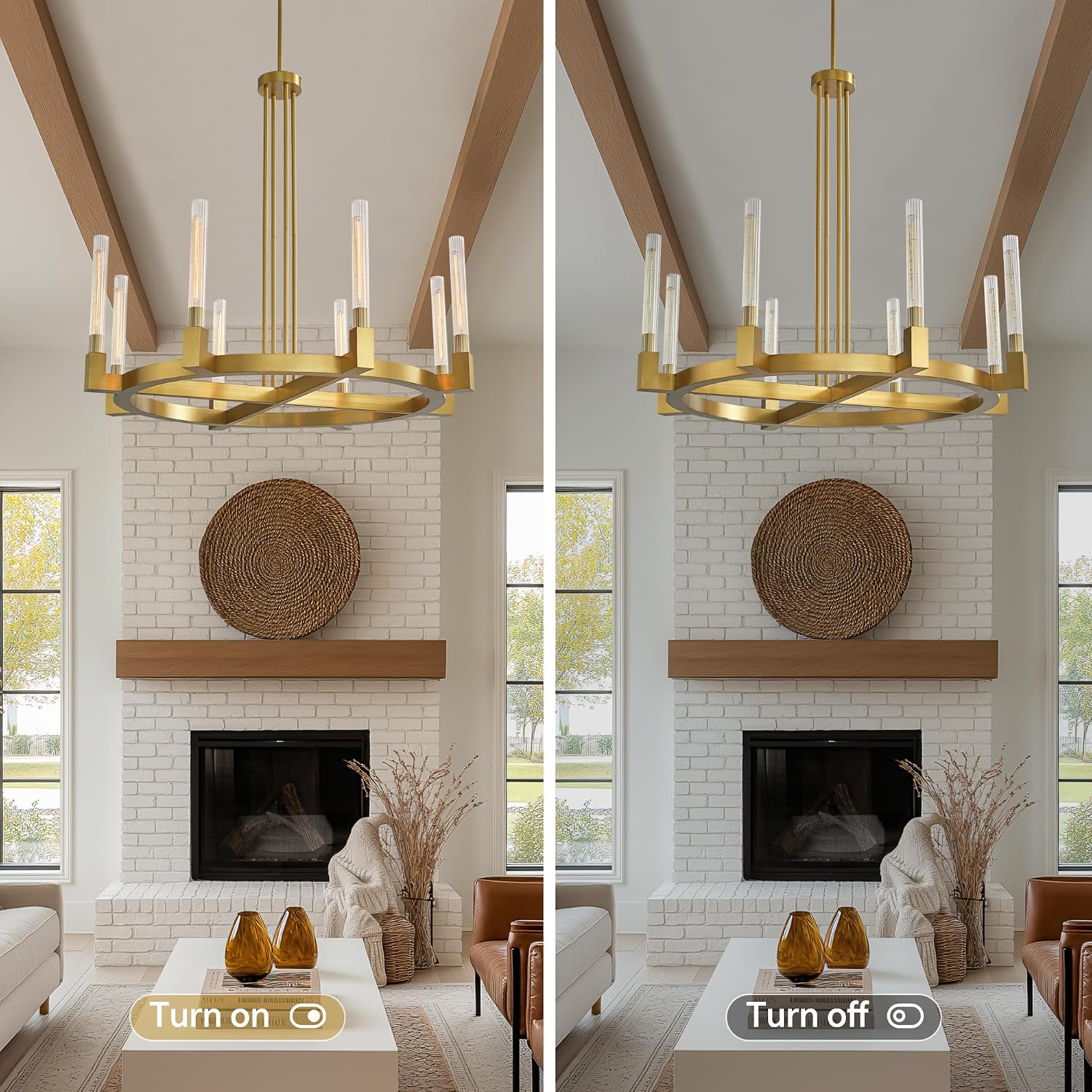 48-Inch Gold Wagon Wheel Chandelier with Glass Tube, 8-Light Vintage Brassy Ceiling Pendant Light Fixture with E26 Base 40W 2200K, Adjustable 39-Inch Rod for Dining Room Living Room Bedroom