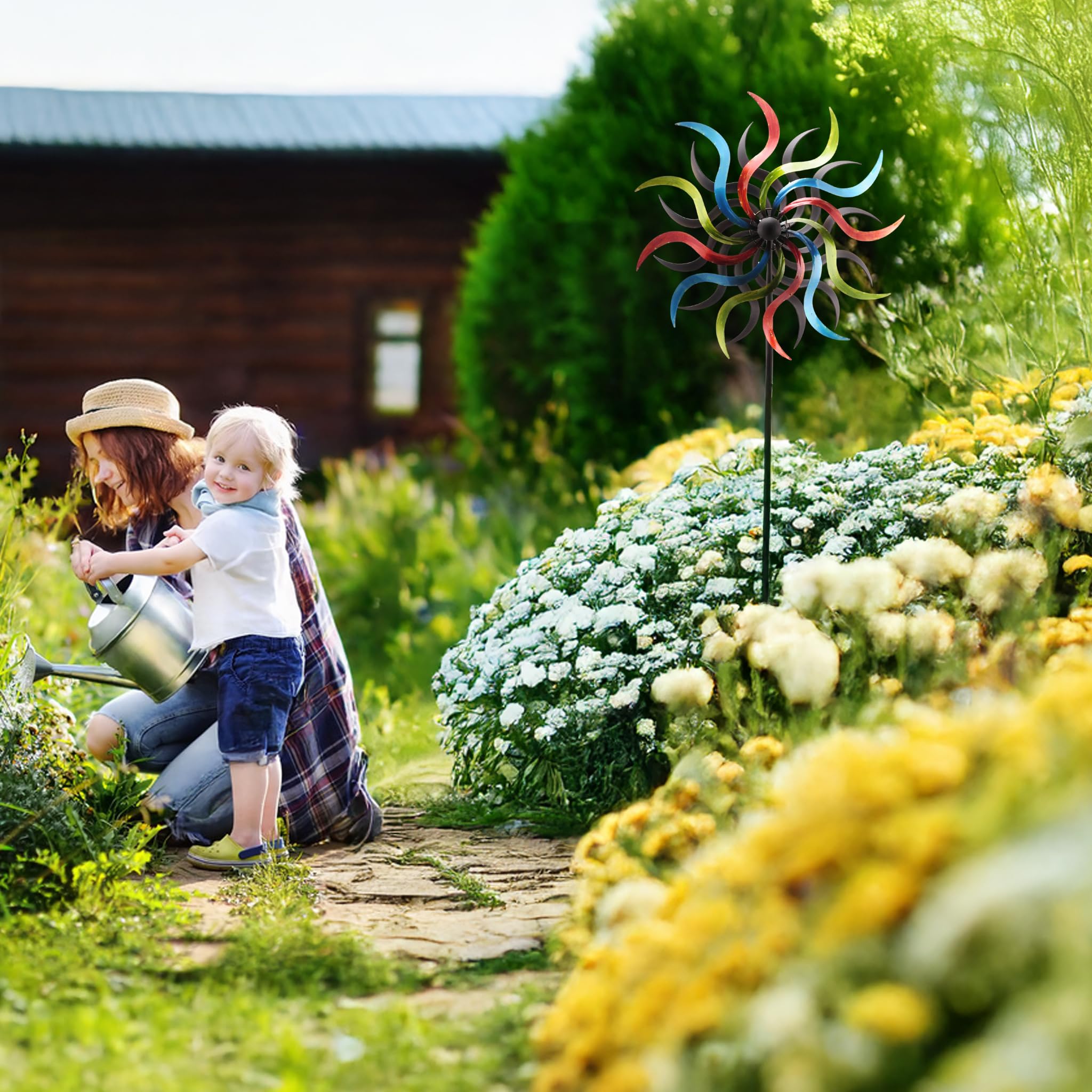 matches21 HOME & HOBBY Großes Windrad Metall 185 cm, wetterfeste Frühlings Garten-deko in Sonnenstrahlform - Bunte Windmühle