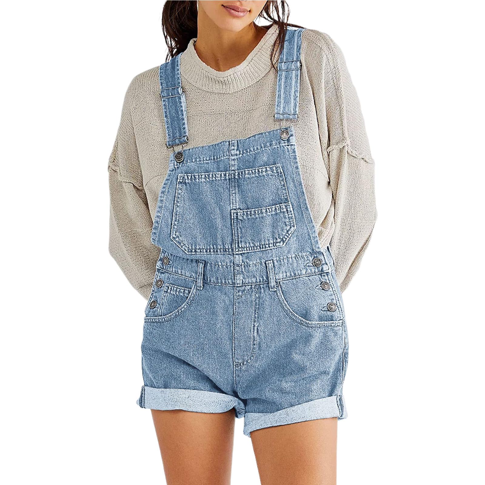 Felcia Damen Denim-Träger-Shorts, Overall, verstellbarer Riemen, Strapse, weites Bein, gerollte Manschette, Overall, lässige Jeans-Shorts, Latzhose mit Taschen