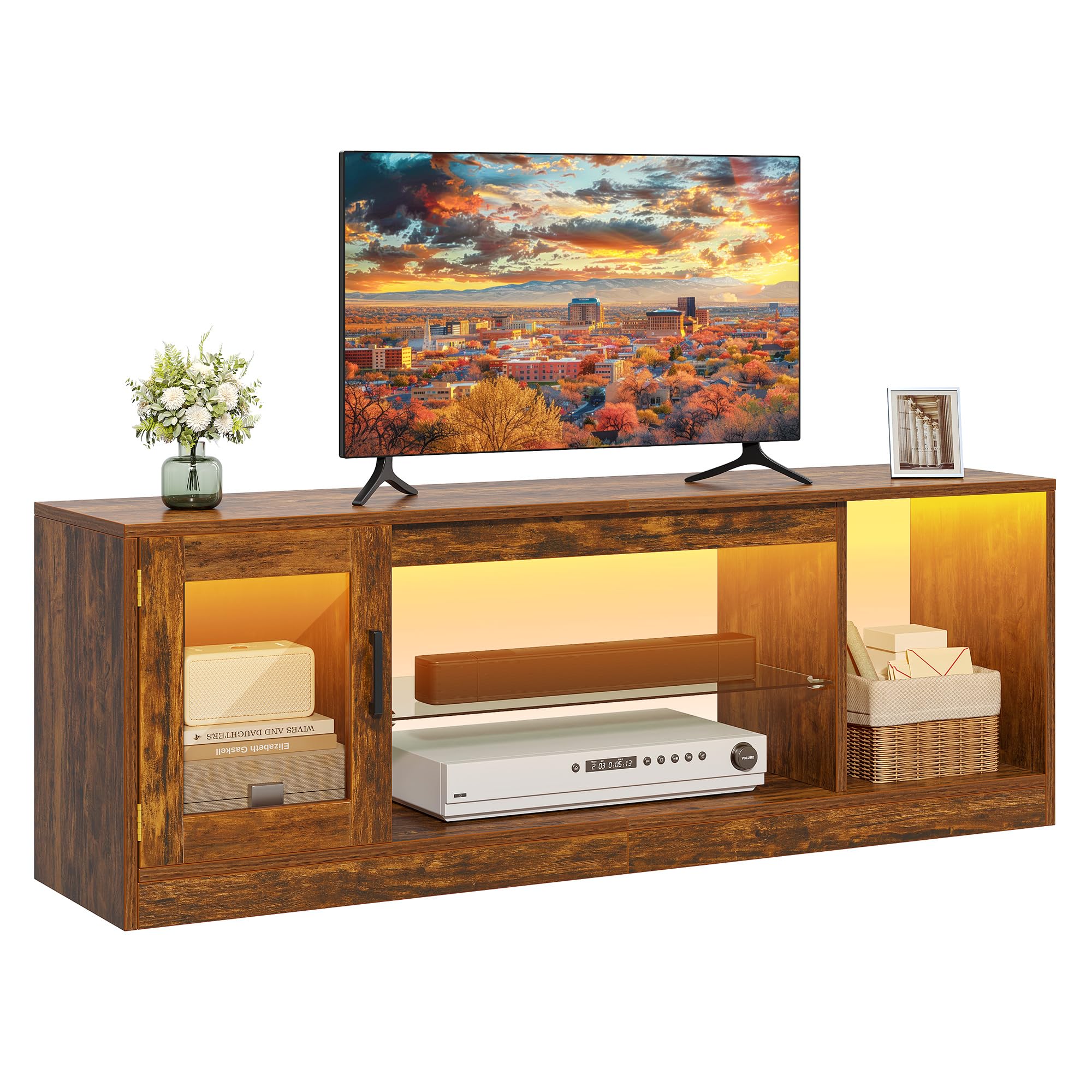 DWVO 148cm Mobile TV con Illuminazione LED RGB 22 Modalità Per TV fino a 65 Pollici Scaffale con Ripiani in Vetro Regolabili Ideale per Soggiorno e Camera da Letto