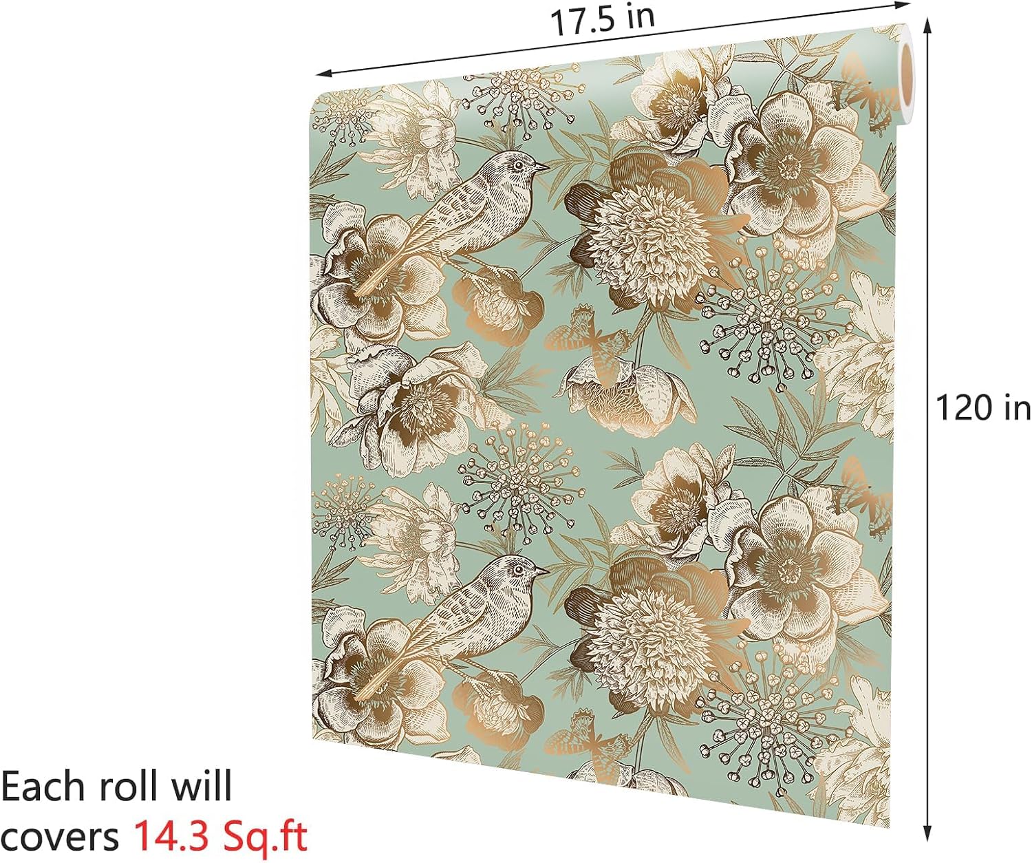 Decotalk Green Floral Wallpaper Floral Peel and Stick Vintage Flowers Wall Paper for Bedroom Bathroom 17.5"x120" Green/Gold Wall Paper Florals Flower Bird Wallpaper Removable Flower Cover Vinyl