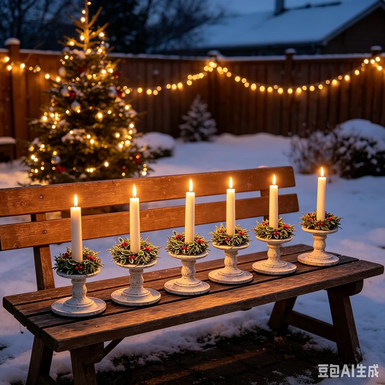 6 Pcs 1.38" Mini Christmas Taper Candle Rings Wreaths Small Artificial with Variegated Holly Leaves Red Berries White Cedar Sprigs Frosted Baby Breath Taper Candle Holder Wreath for Table Candlesticks