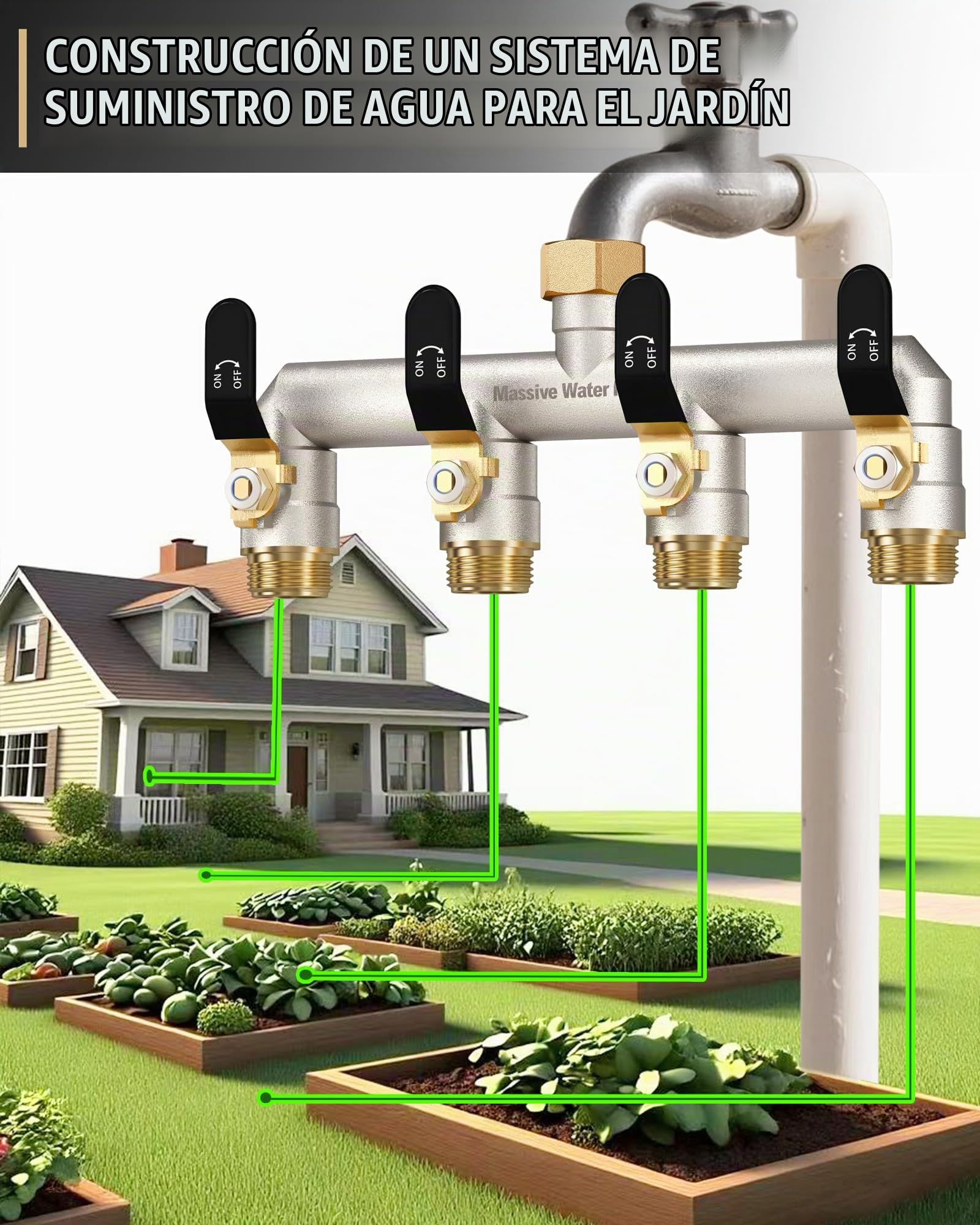 Distribuidor de 4 vías, distribuidor de agua de 4 vías, distribuidor de agua de 4 vías, distribuidor de agua de 3/4 pulgadas, niquelado macizo de gran flujo de jardín, mango de metal extendido (negro)