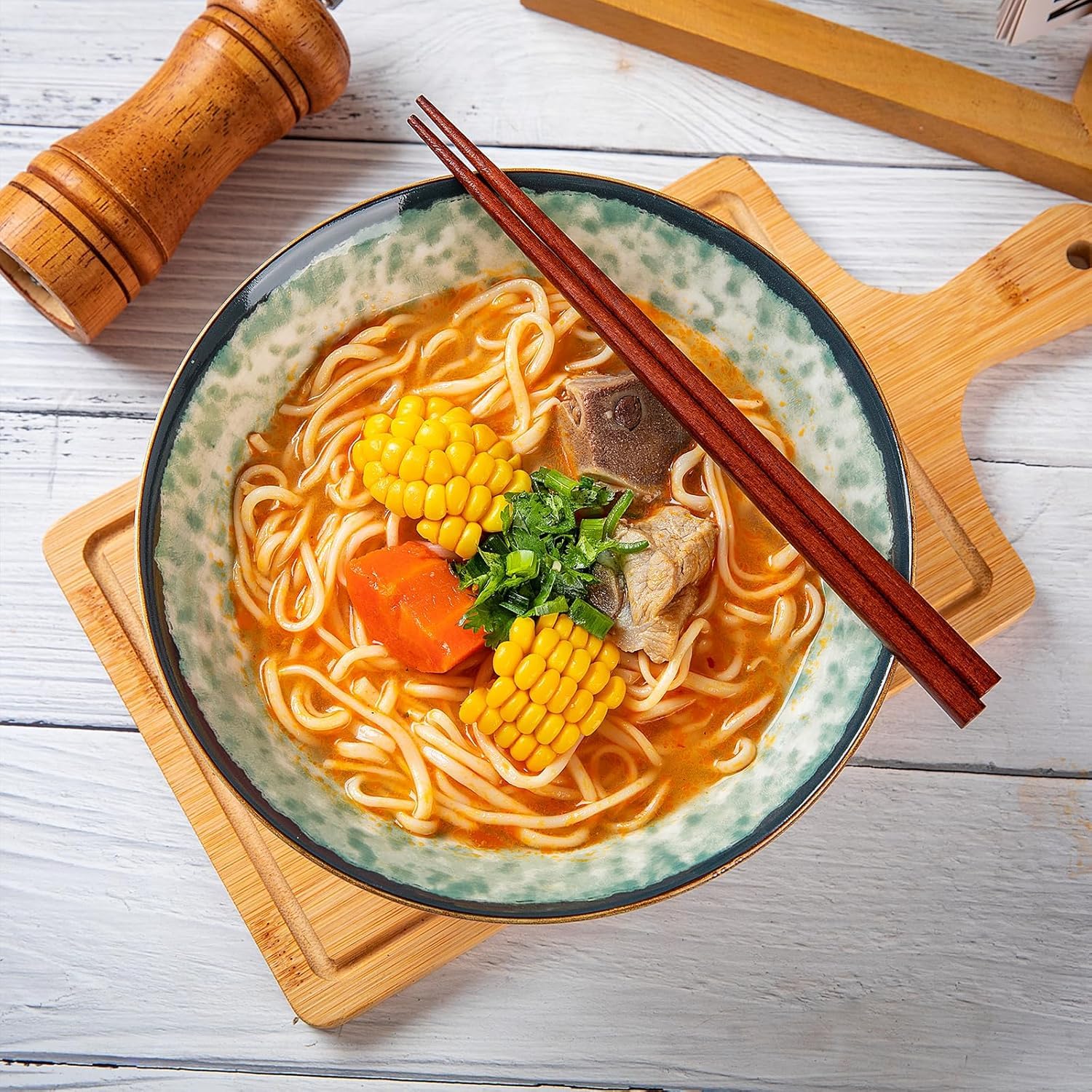 Bols à ramen en céramique Set de 2,Ramen Bol,1200 ml Bols à ramen Japonais,bol en céramique pour Ramen, salade, céréales,avec baguettes et cuillères