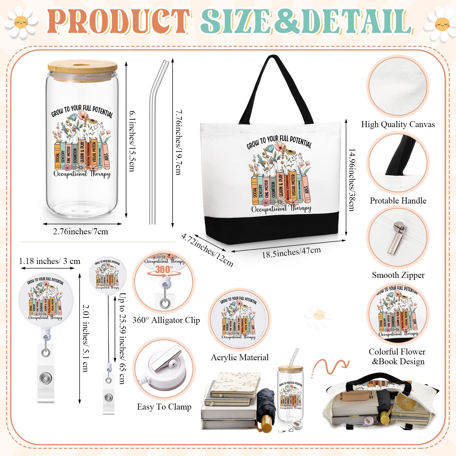 Vesici 3 Pcs Occupational Therapist Appreciation Gifts for Women, 16 oz Glass Cup Large Canvas Tote Bag with Retractable Badge Reel Occupational Therapist Week Gifts
