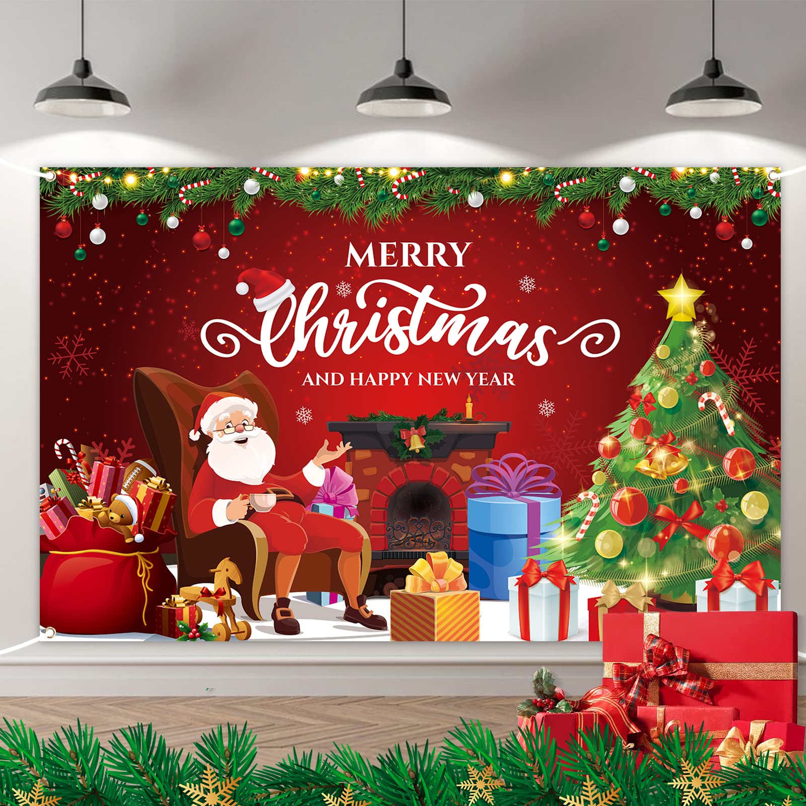 Fondo Grande de Navidad, Pancarta de Feliz Navidad, Pancarta de Navidad de Papá Noel, Pancarta Colgante de Porche de Navidad para Suministros de Fiesta en Interiores y Exteriores