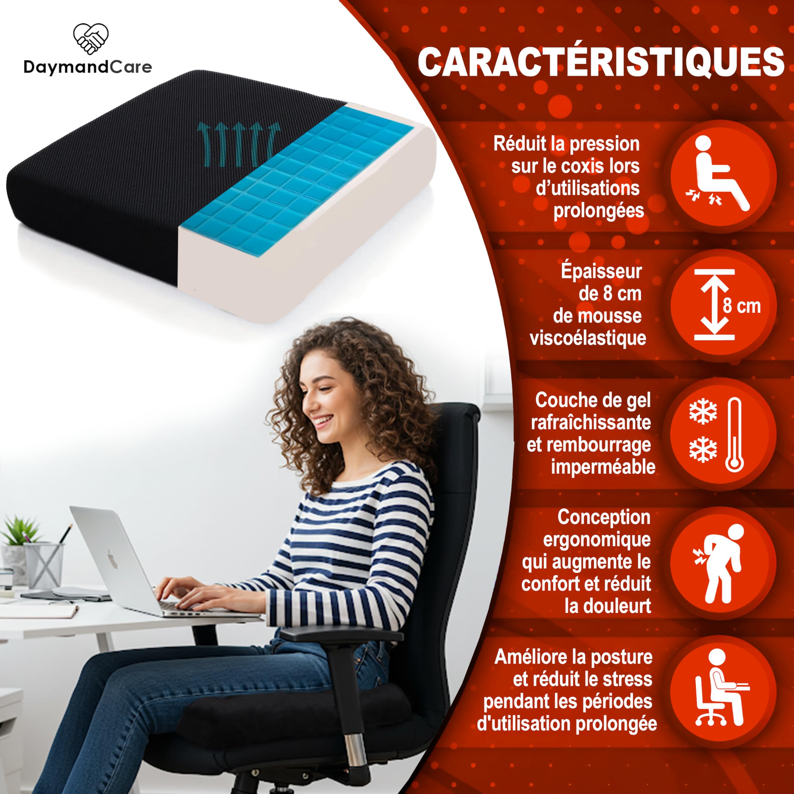 Coussin Premium en Mousse viscoélastique et Gel rafraîchissant avec 2 Housses incluses Imperméable | Grand Confort Pendant de Longues périodes d'utilisation | Coussin de Chaise de Bureau