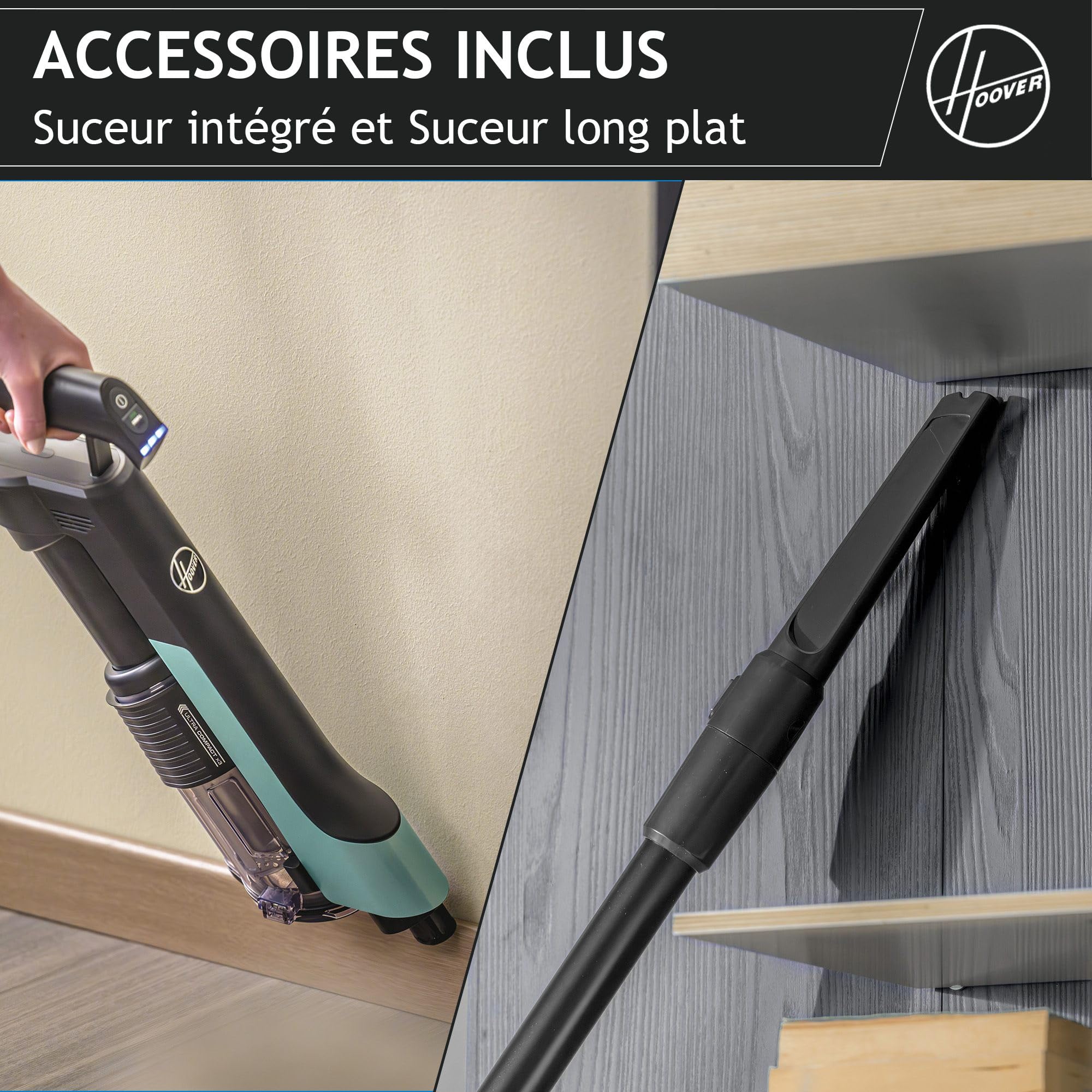 Hoover Ultra-léger HF201P Aspirateur Balai sans Fil, Turbobrosse Spécial Animaux, Technologie Ultra Compact x3, 1L, Puissant 50AW, 40 Min, Brosse Sols durs Anti-Twist, Eclairage LED, Noir & Ver