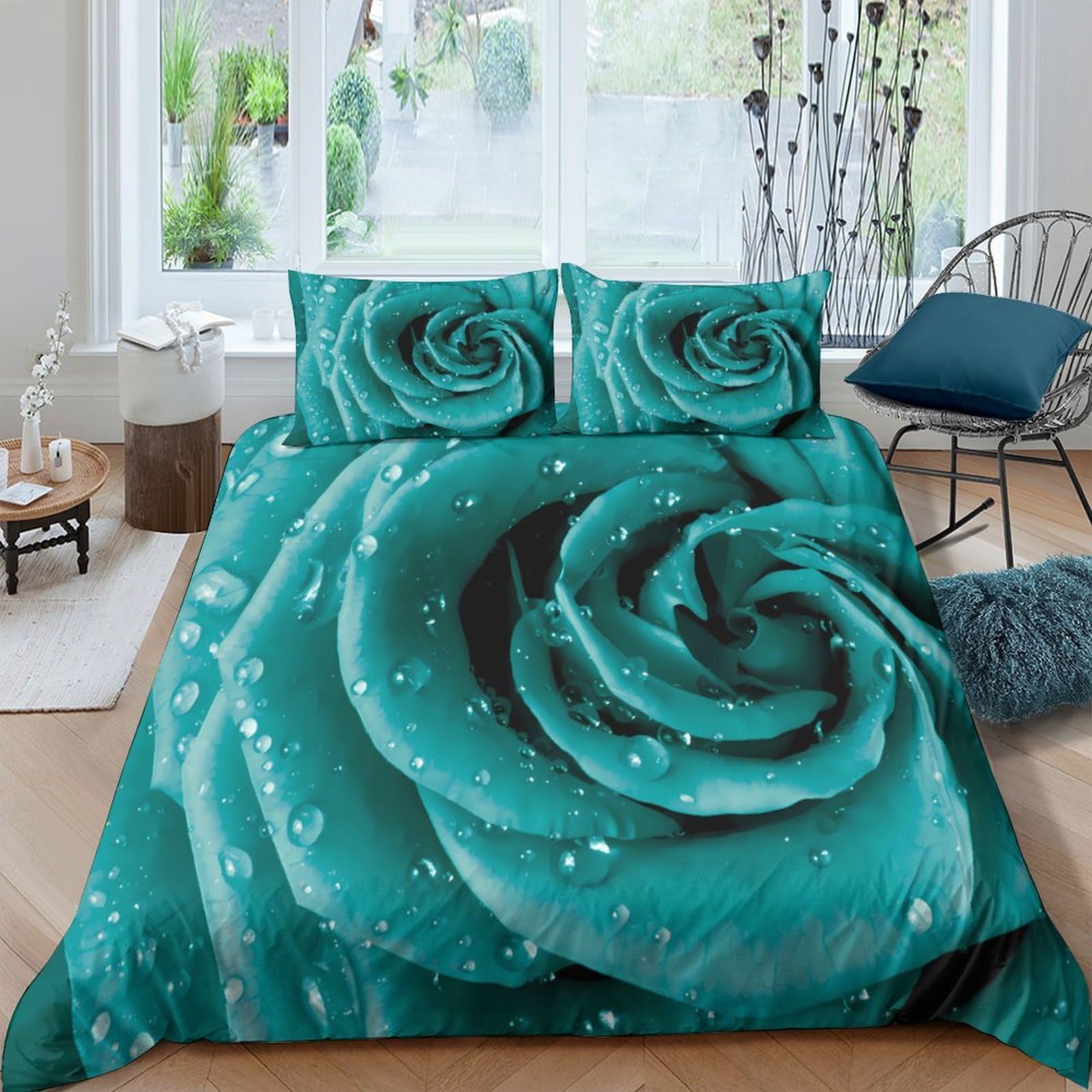 Ctjqhvkz Style-2 3D Printed Teal Rose Fitted Sheet Microfiber Soft Breathable Waterdrop Bed Cover For Bedroom Guest Room Decor Single（135X200cm）