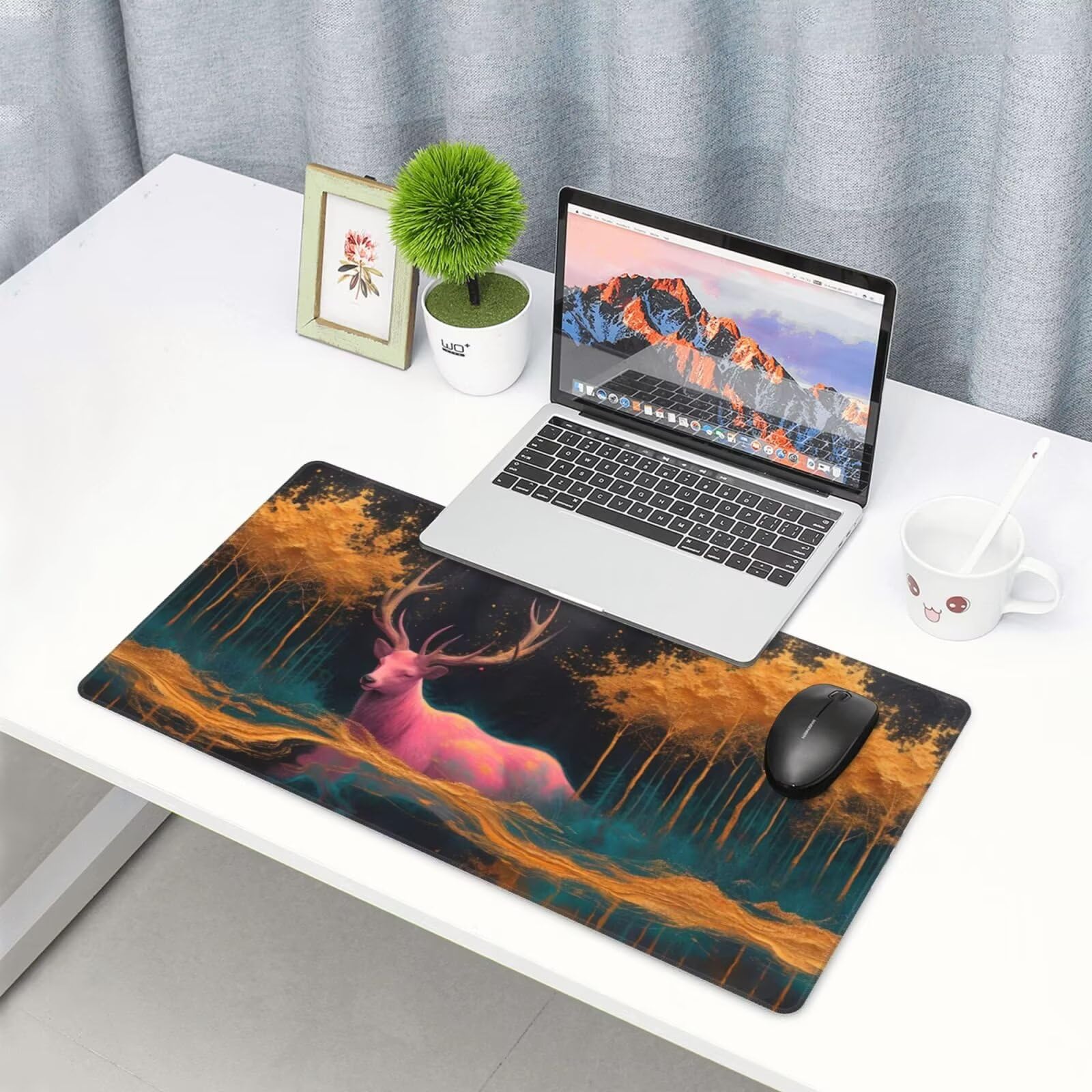Duża podkładka pod mysz leśny jeleń podkładka pod mysz XXL 1200 x 600 mm, wodoodporna podkładka pod biurko pod mysz, przeszyte krawędzie i antypoślizgowa mata na biurko do dekoracji biura, prezenty