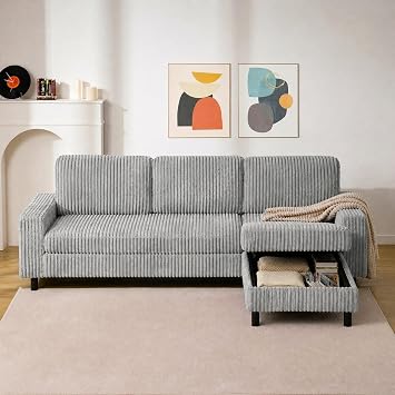 HOMRELEXA 200cm L Shaped Sofa with Movable Storage Ottoman, Grey