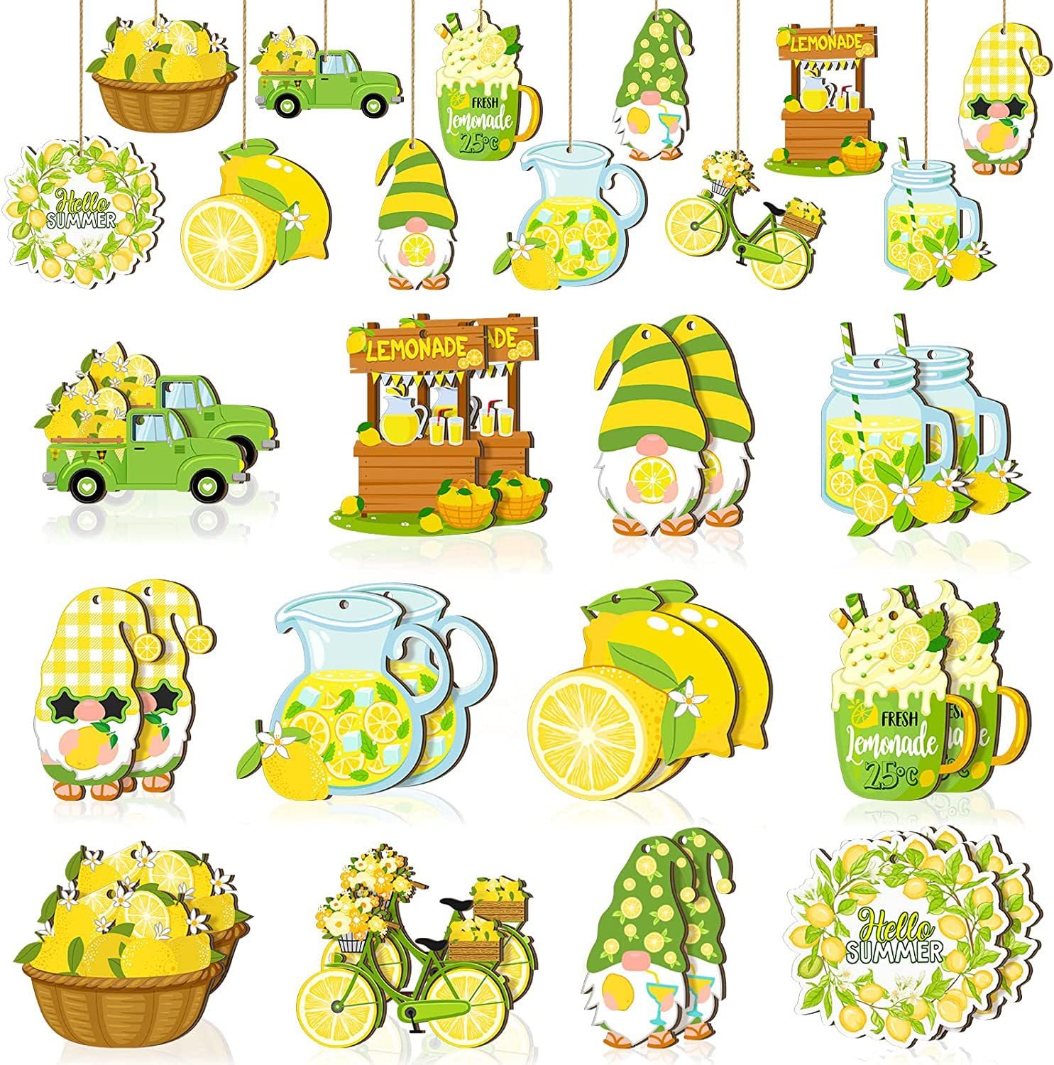 Summer Decorations Hanging Wooden Lemons Ornaments for Tree, 36pcs Hawaiian Luau Party Decorations Hanging Pendants with String(Blue)