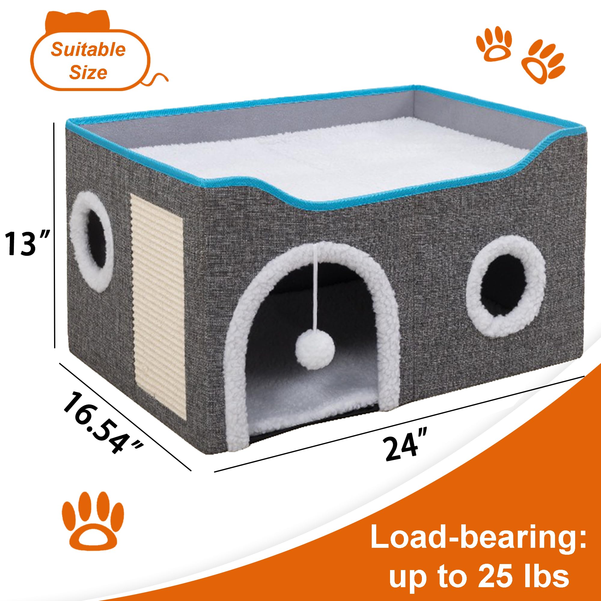 Loyareal Cat Houses for Indoor Cats - Large Cat Bed Cave with Scratch Pad and Fluffy Ball, Foldable Cat Condo Hideaway with Reversible Cushion for Multi Small Pet, Light Grey 4