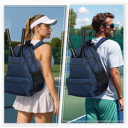 Miniatura 6 de Mochila de tenis para raquetas, bolsa de tenis impermeable con compartimento para zapatos, bolsillo húmedoseco, gancho para cerca, para tenis,