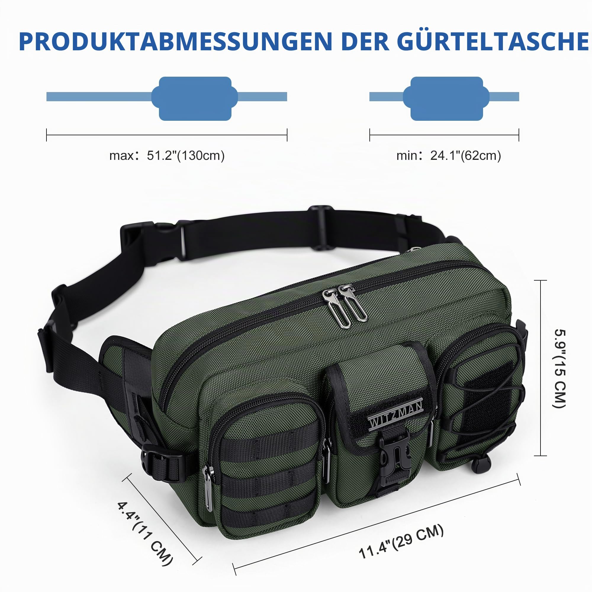 WITZMAN Bauchtasche für Herren, Mehrfächer Moderne Gürteltasche für Reisen | Wasserfestes Nylon, 5L Hüfttasche, Passt Großes Handy für Hundespaziergänge, Wandern, Alltag, Laufen, B733 Grün
