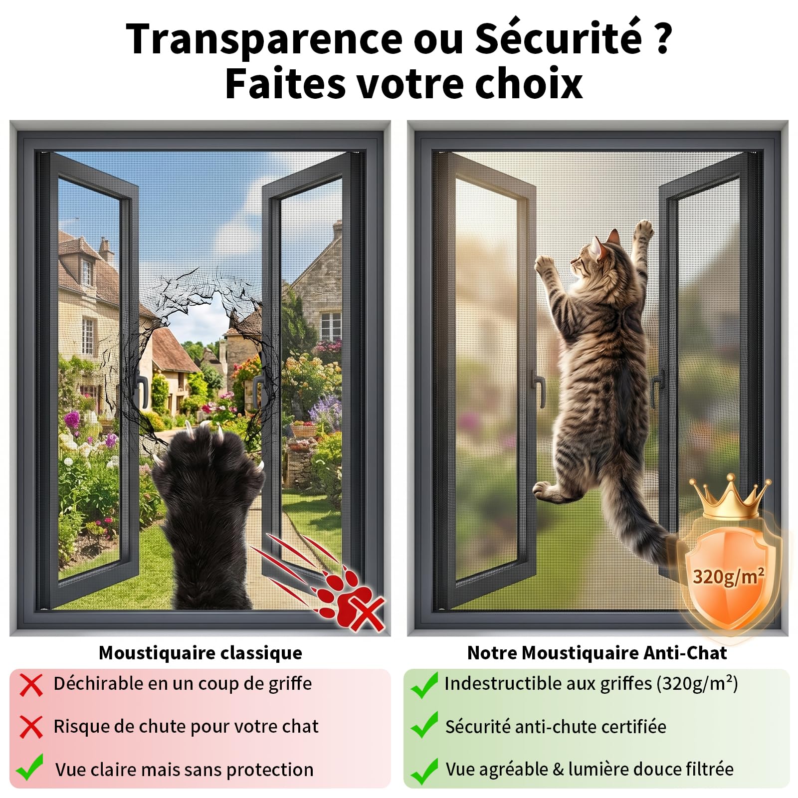 BKSAI Moustiquaire Chat Fenêtre Renforcé Résistant à Griffe Chats, Filet Chat Fenetre Sécurité avec Bande Auto-Adhésive Sans Perçage pour Protection Animaux Domestiques, Anti-Moustique 130*150cm Noir