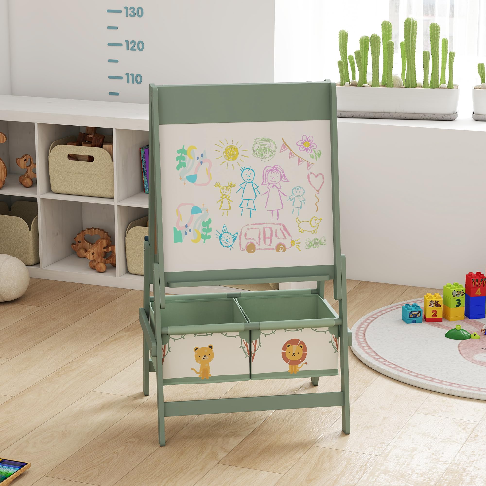 AIYAPLAY Pizarra Infantil Caballete 3 en 1 Pizarra Infantil de Doble Cara Caballete de Pintura para Niños de +3 Años con Rollo de Papel y Cestas de Almacenamiento 54x46x94 cm Verde