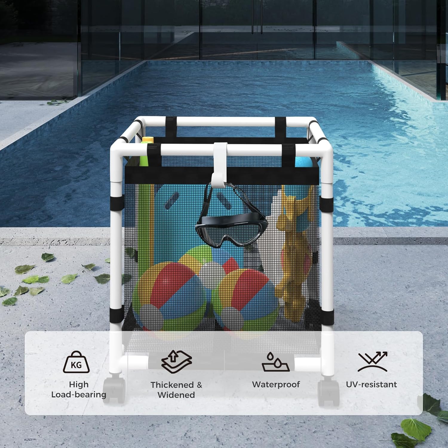 Pool Accessories Bundle | 105 Gallons Pool Storage Bin (Basic Pro) +Side Pouch+S Hooks (2pcs)