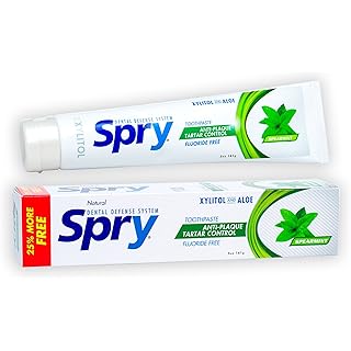 Spry Natural Xylitol Toothpaste 5oz for Adults and Kids - Fluoride Free, Gentle for Sensitive Teeth Whitening and Remineralizing, Breath Freshening, Mouth Moisturizing, Spearmint (Pack of 1)