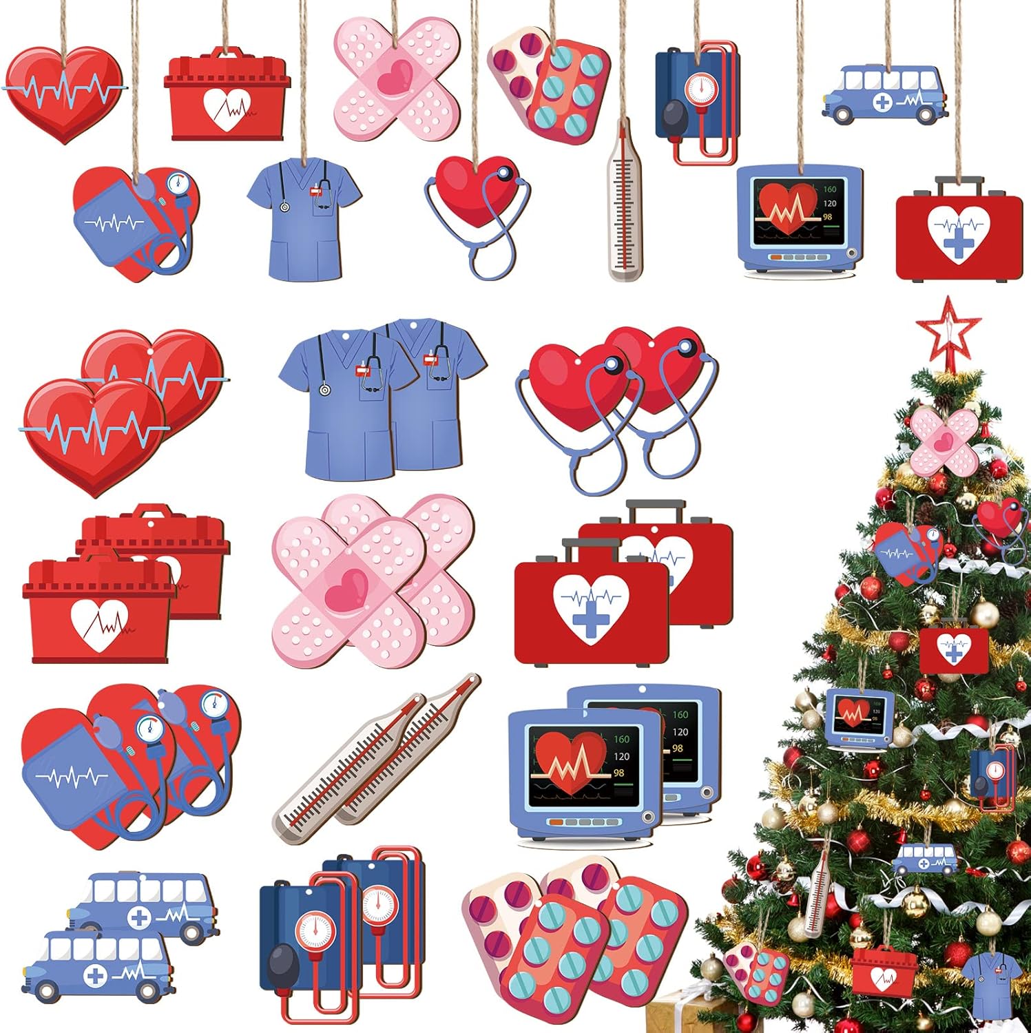 BBTO 24 Pieces Christmas Nurse Ornaments Christmas Wooden