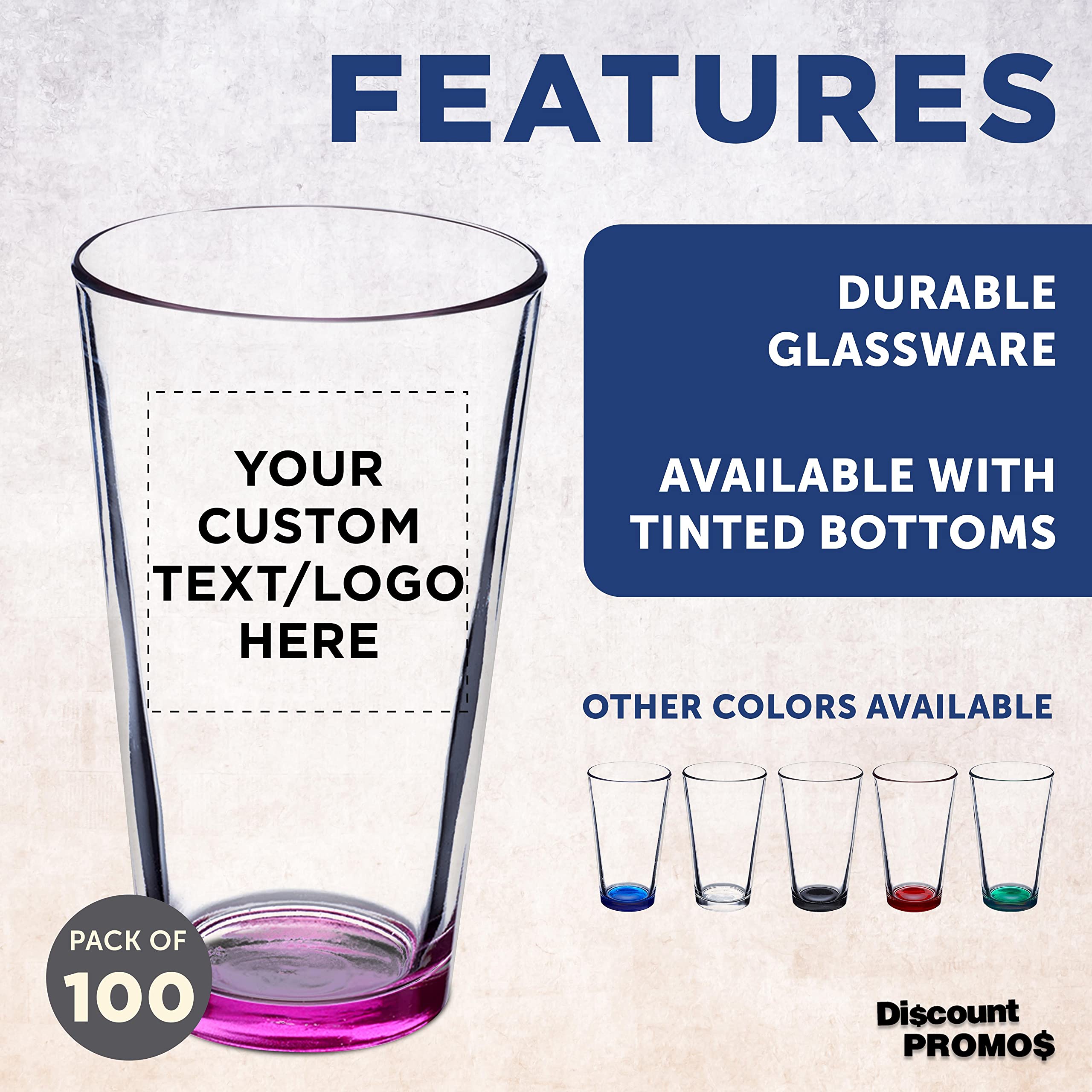 DISCOUNT PROMOS Custom Beer Pint Glasses 16 oz. Set of 100, Personalized Bulk Pack - Heavy Duty Glassware for Restaurant, Thick Base and Walls, Stackable - Pink