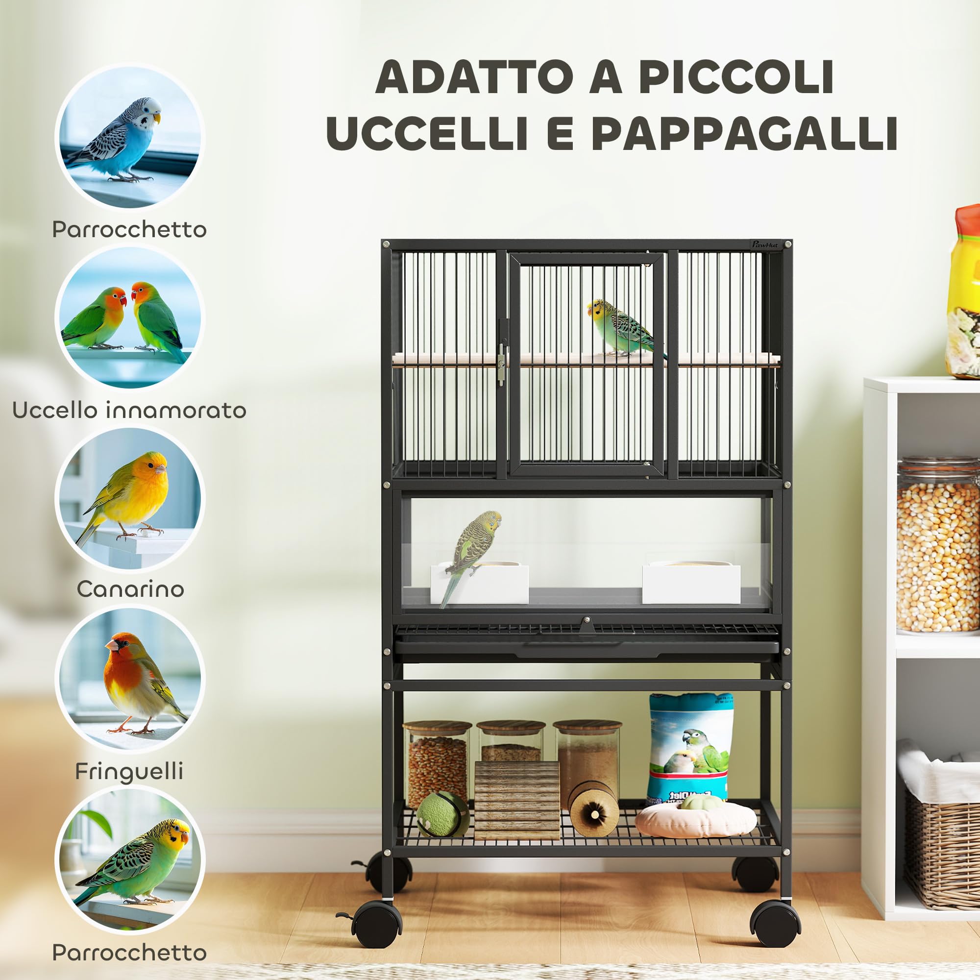 PawHut Gabbia per Uccelli a Rotelle con Ripiano Inferiore, Vassoio e Griglia Rimovibili, Gabbietta per Uccelli in Acciaio e PP, 48x46x83 cm, Nero
