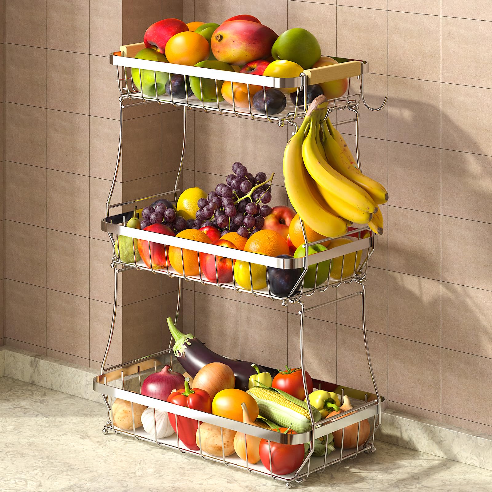 Fournine 3 Tier Fruit Bowl Basket with 2 Banana Hanger, 2026 Pro Detachable Kitchen Countertop Organizer for Fruits, Vegetables, Snacks, Metal Vegetable Storage Rack with Banana Holder, Silvery