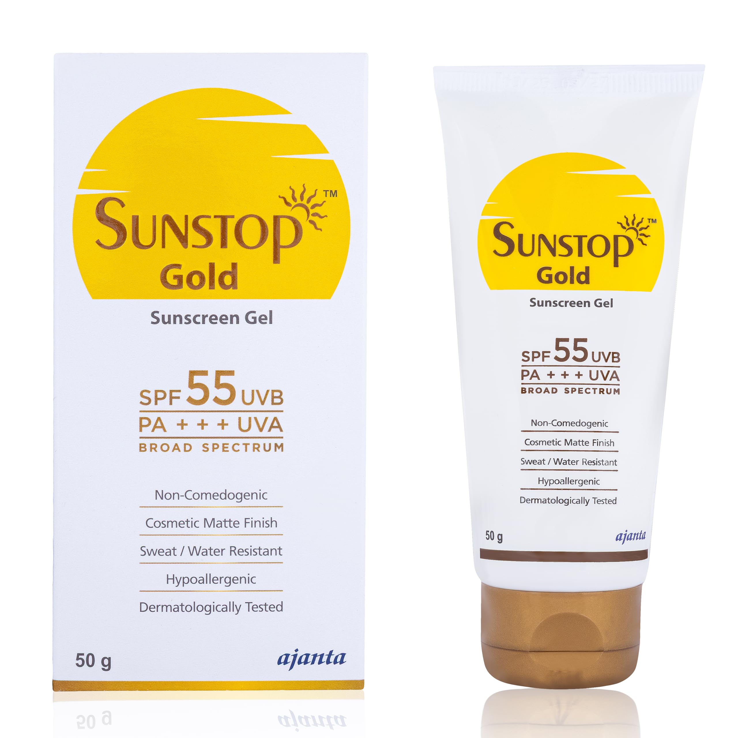 SUNSTOP Gold SPF 55 PA+++ Sunscreen: Matte finish, non-comedogenic, broad-spectrum UVA/UVB/IR protection, sweat & water-resistant – 50gm