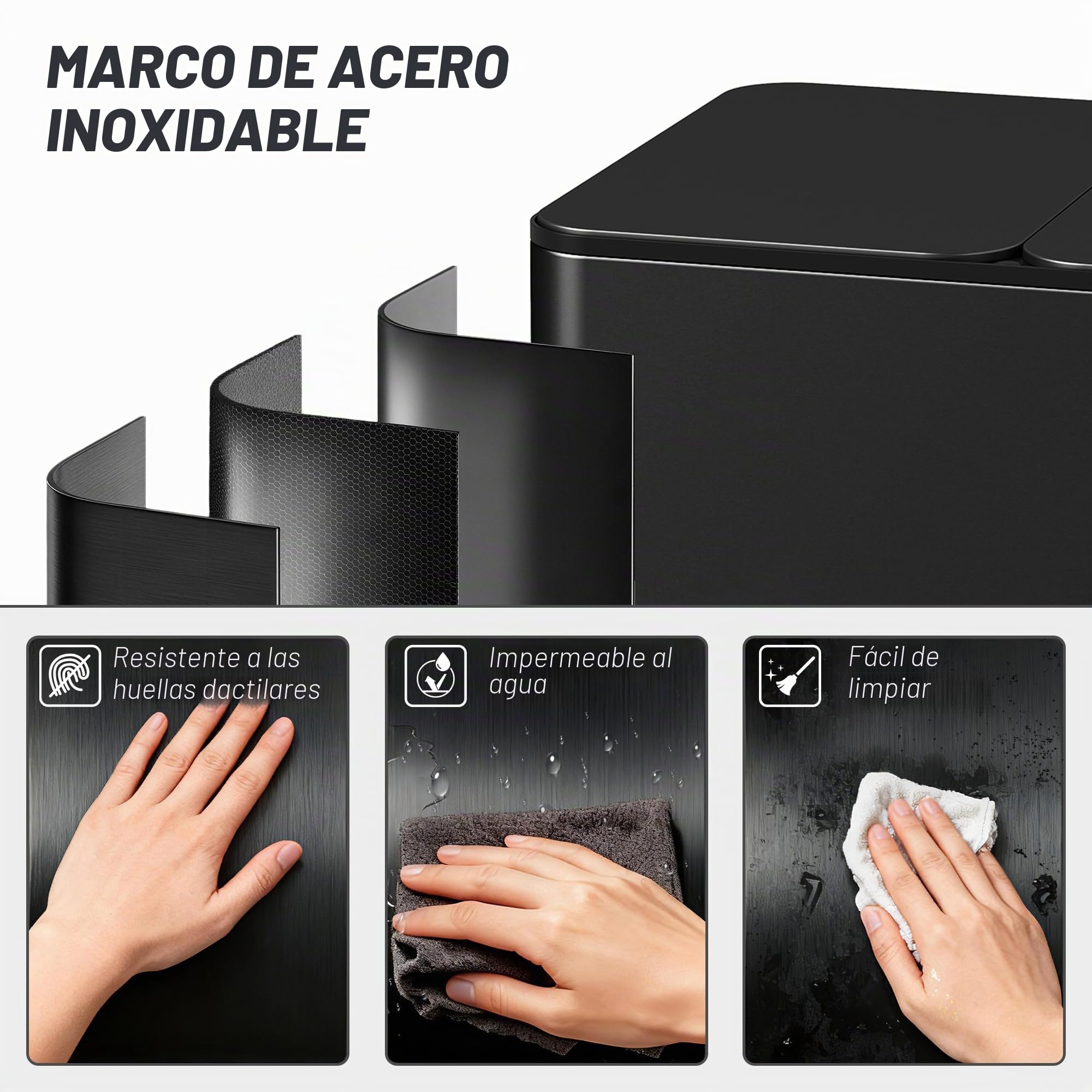 HOMCOM Triple cubo de cocina 3x15L Pedal Acero inoxidable Negro | Tres compartimentos, cubos interiores extraíbles, cierre suave, a prueba de huellas, para reciclaje y residuos