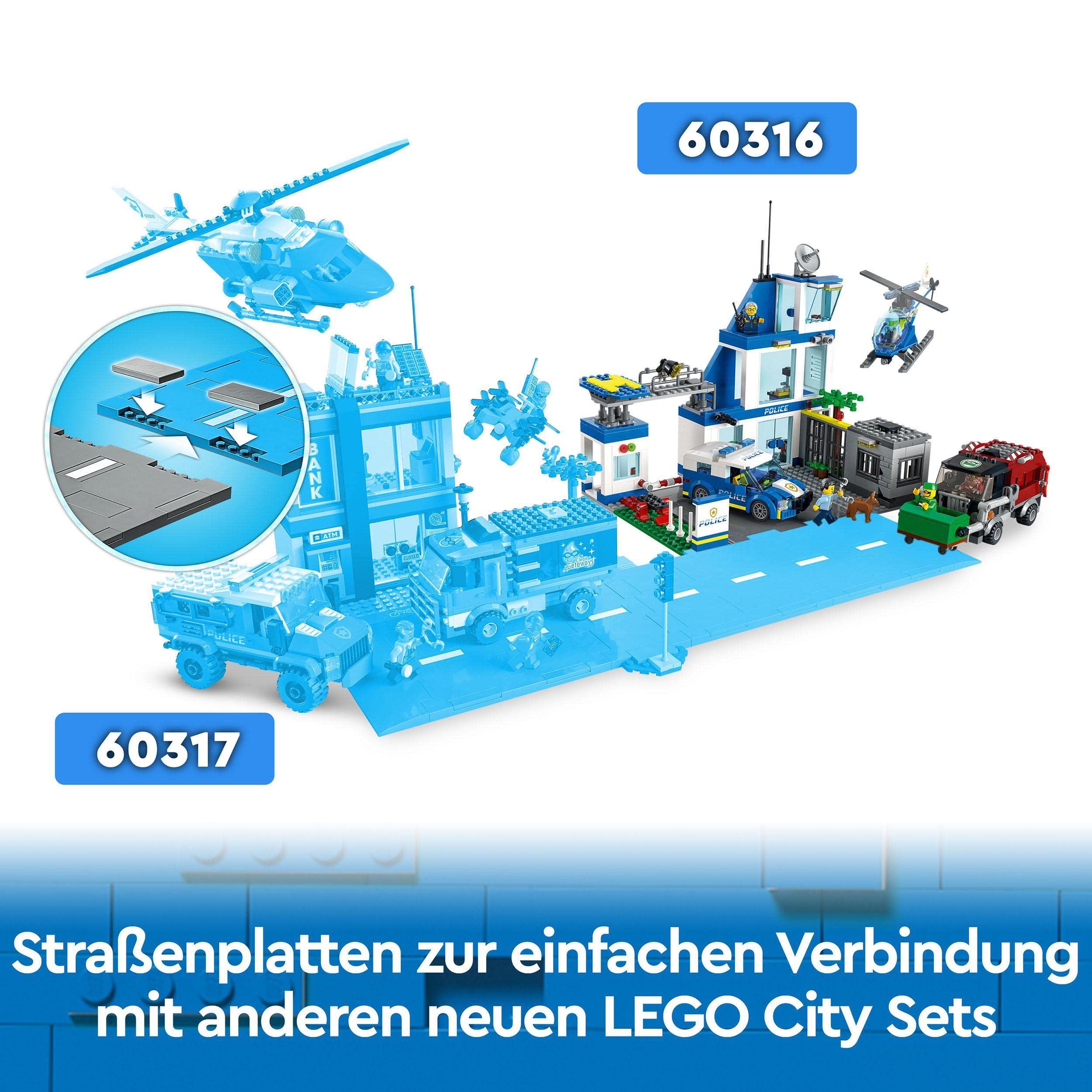 LEGO 60316 City Polizeistation mit Polizeiauto, Müllauto und Hubschrauber, Gebäude zum Bauen mit 3 Figuren, Polizei-Spielzeug für Jungen und Mädchen ab 6 Jahren, Geschenk für Kinder