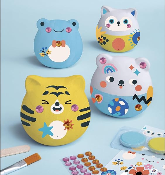 Janod - 4 Figurines en Plâtre à Décorer - Animaux Tout Ronds, Décalcomanie & Peinture - Dès 6 Ans - 4