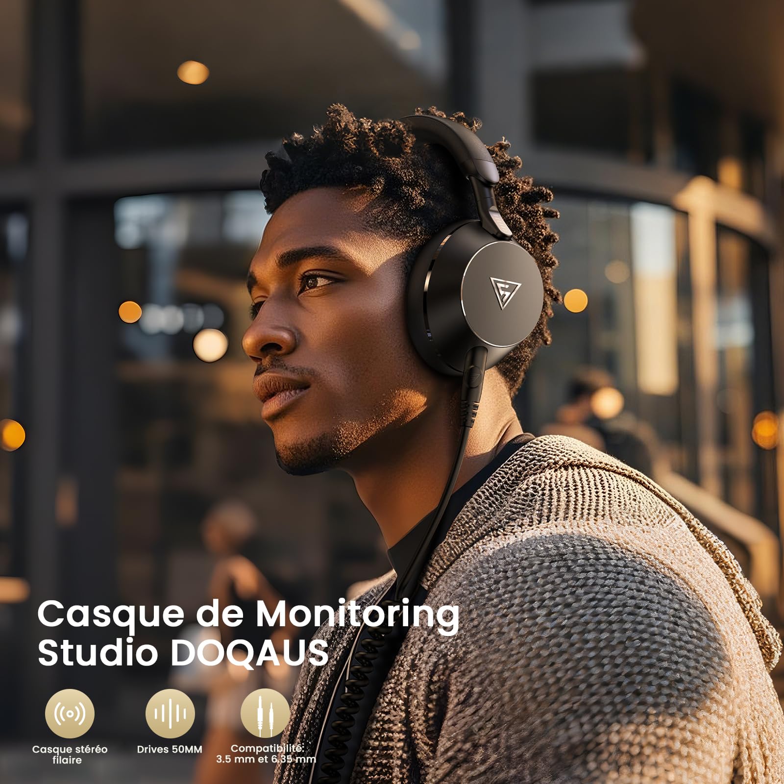 DOQAUS Casque Filaire, Contrôleur 50 mm, 2 câbles, Interface 3,5 et 6,35 mm, Casque DJ pour PC AMP Recording Phone Piano Guitare (Noir)