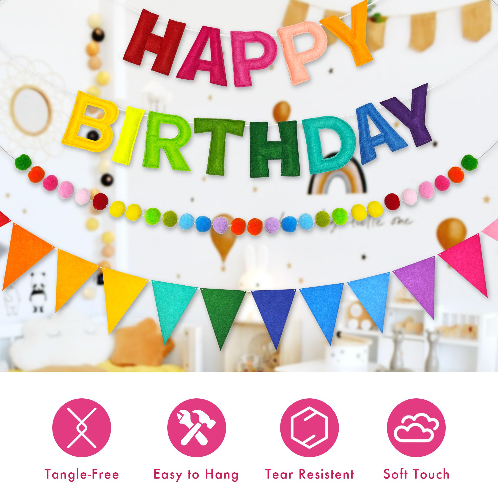 Cartel de feliz cumpleaños preencordado, guirnalda de bolas de fieltro, guirnalda de feliz cumpleaños, letras y bolas de fieltro natural reutilizables hechas a mano para decoración de fiesta de