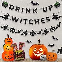 Vista 3 de KOKAR Decoraciones de Halloween: pancarta de brujas y guirnalda de murciélagos con bruja, calabaza para decoración de Halloween, decoración de bruja