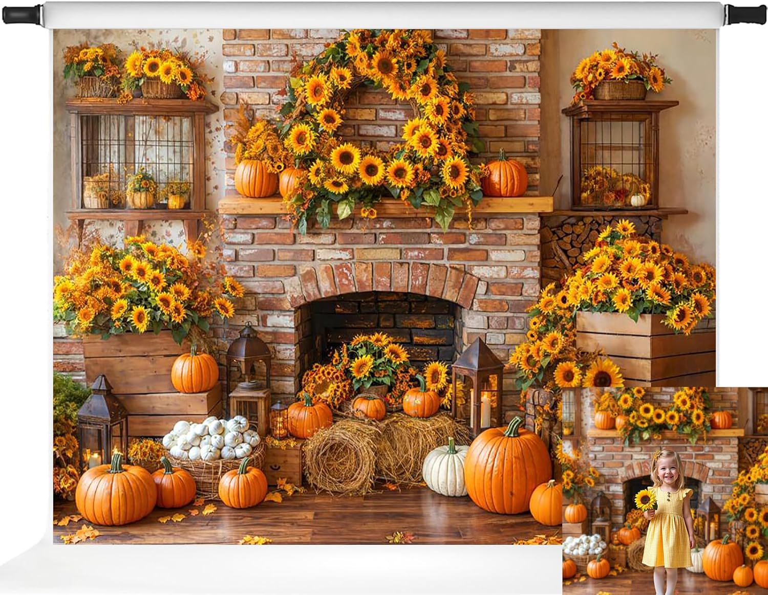 Kate Fall Photography Backdrops Brick Wall Sunflowers Fireplace Autumn Pumpkin Harvest Party Decoration Props, 7x5ft