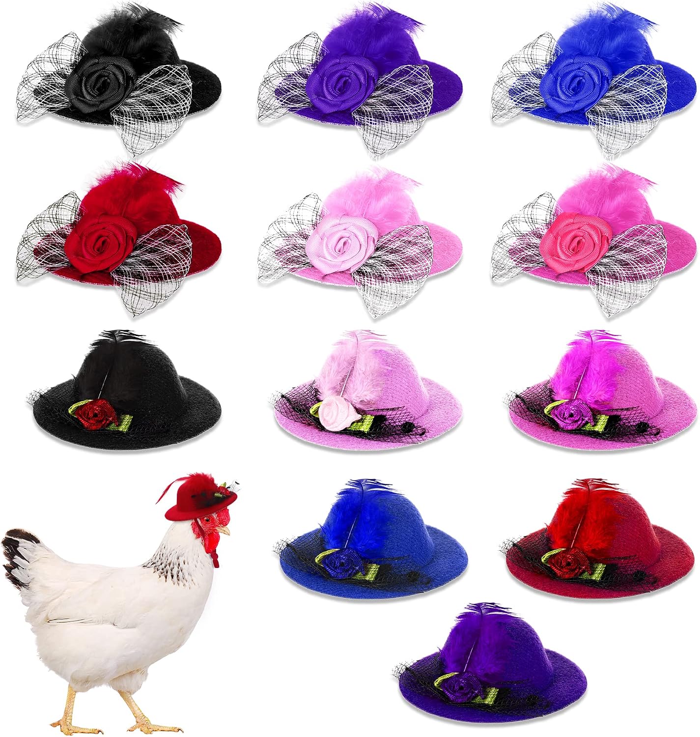 2 Pieces Chicken Hats for Hen Mini Pet Hat Accessories Feather Top Helmet Funny Small Hat Adjustable Elastic Chin Strap Rooster Parrot…